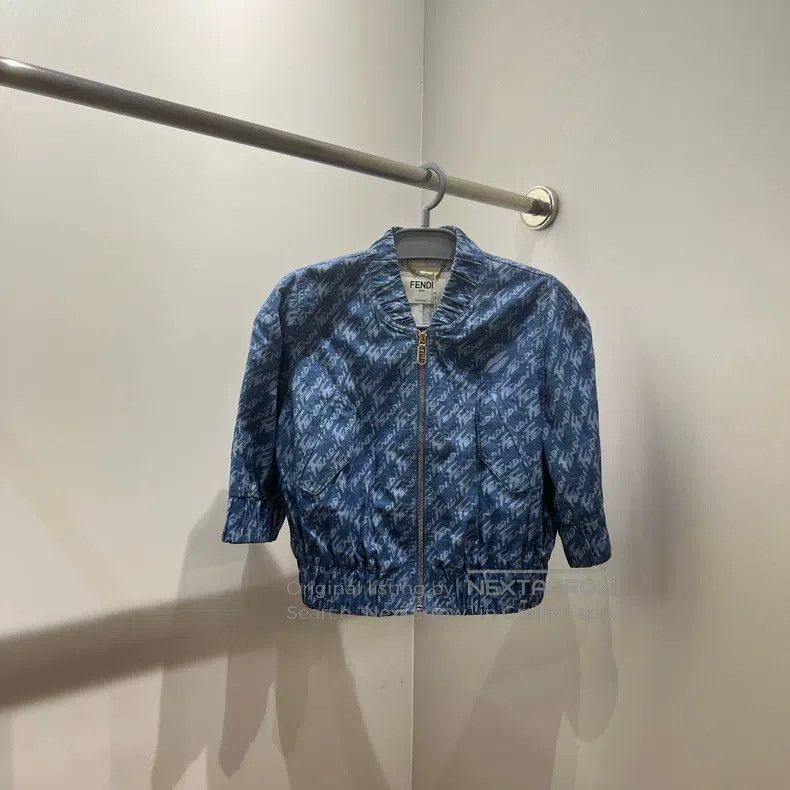 Fendi Full Print Slogan Lettering Casual Zipper Crop Jacke