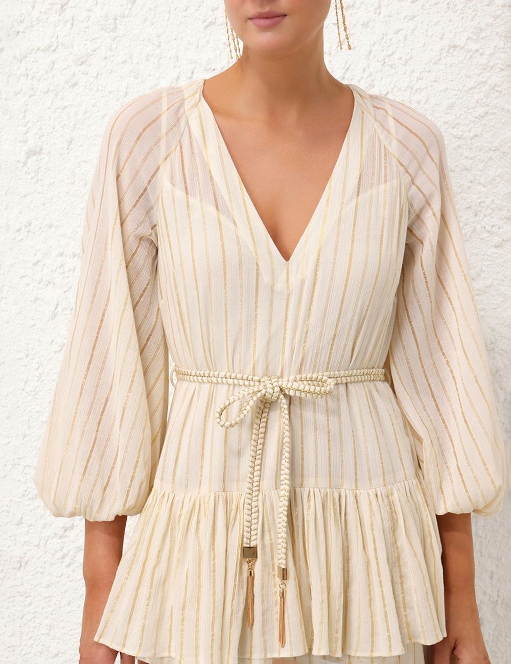 Zimmermann oc11z0525 Waverly Tiered Midi Dress in Ivory & Gold Size L / US 10 / IT 46 - 6 Thumbnail