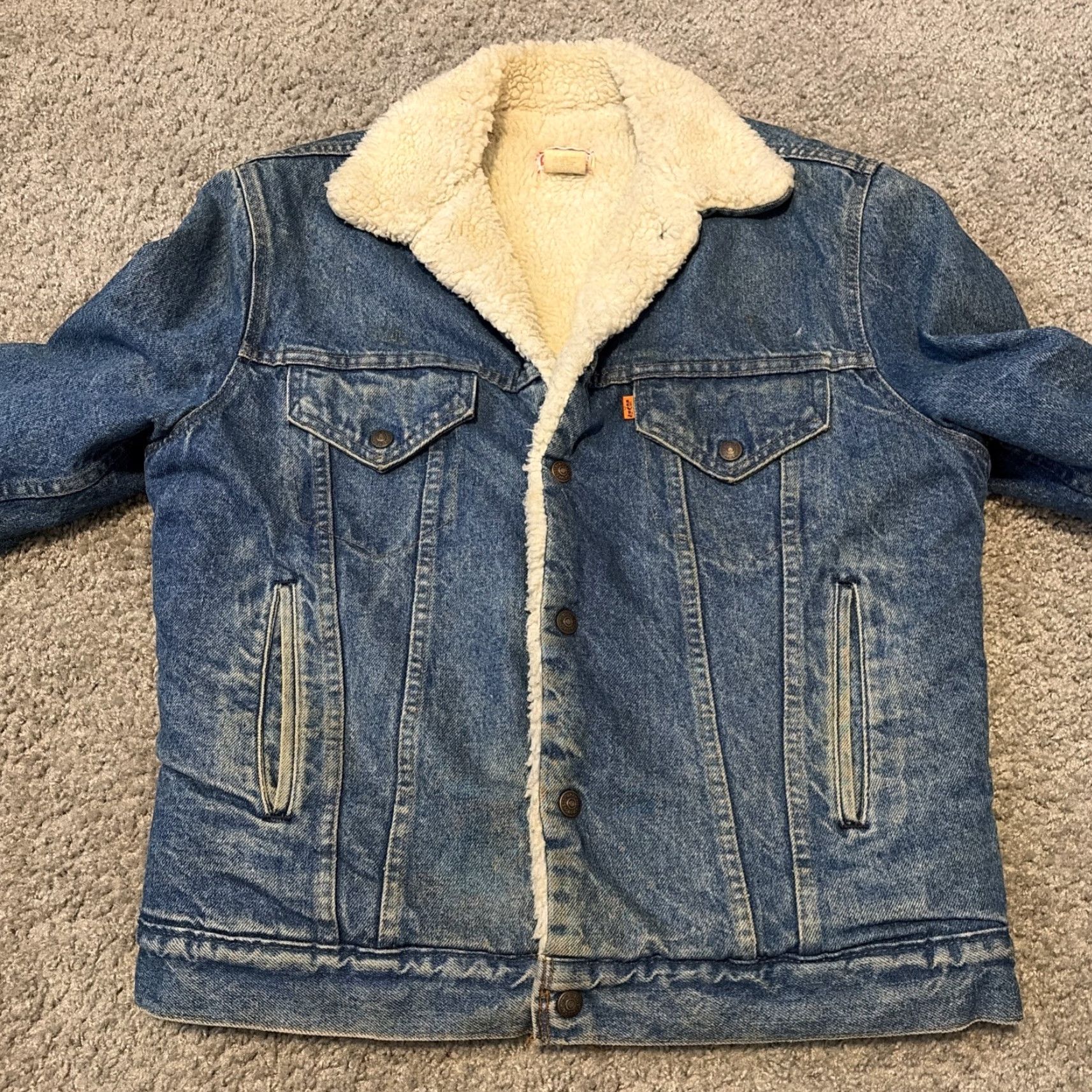 Levi's VINTAGE Levi's Orange Tab Denim Jean Sherpa Jacket L Large Mens 70s Bomber Orange Denim Jacket Size US 33 - 4 Thumbnail