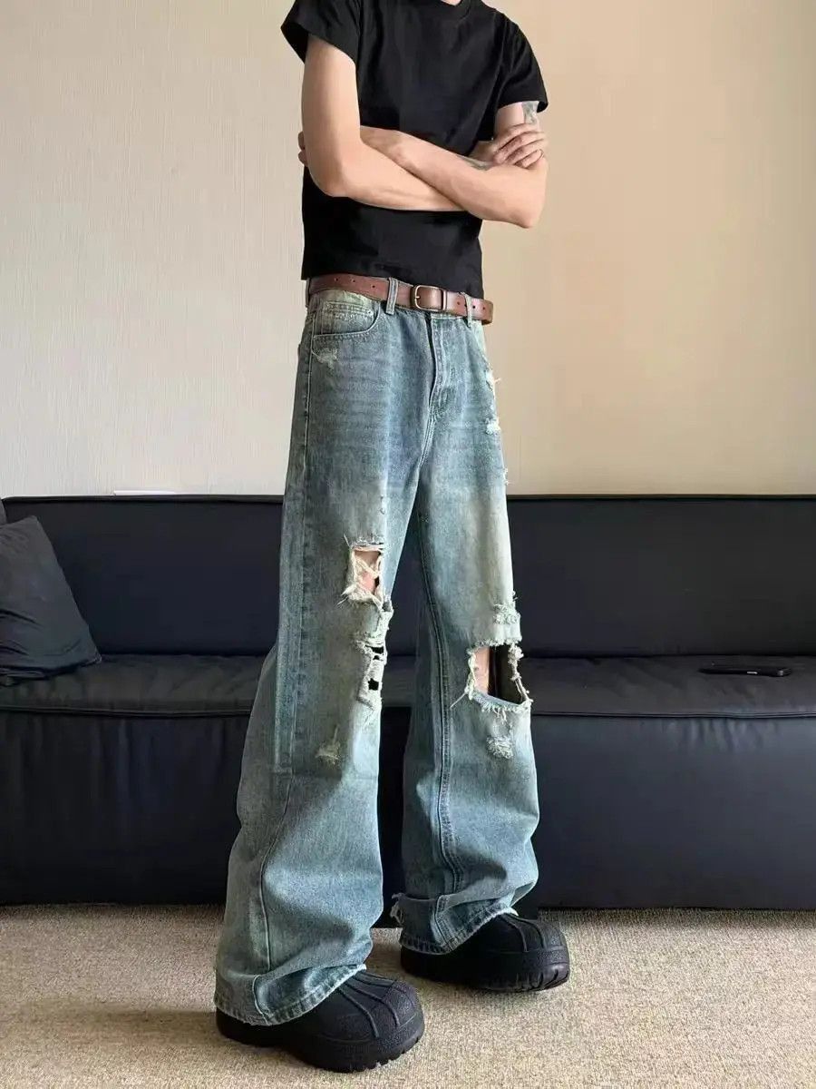Japanese Brand High street vintage ripped and blasted straight baggy jeans Size US 34 / EU 50 - 5 Thumbnail