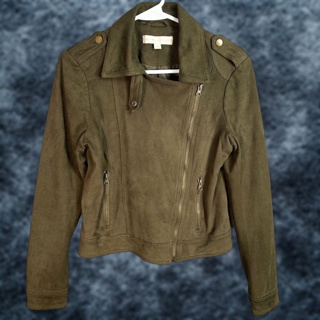 Vintage New York & Company Biker Jacket Womens XS Olive Green Faux Suede Motorcycle Jacket, Regular, Zip, Long Sleeve, Polyester, Green, Womens, Jacket Size XS / US 0-2 / IT 36-38 - 1 Thumbnail