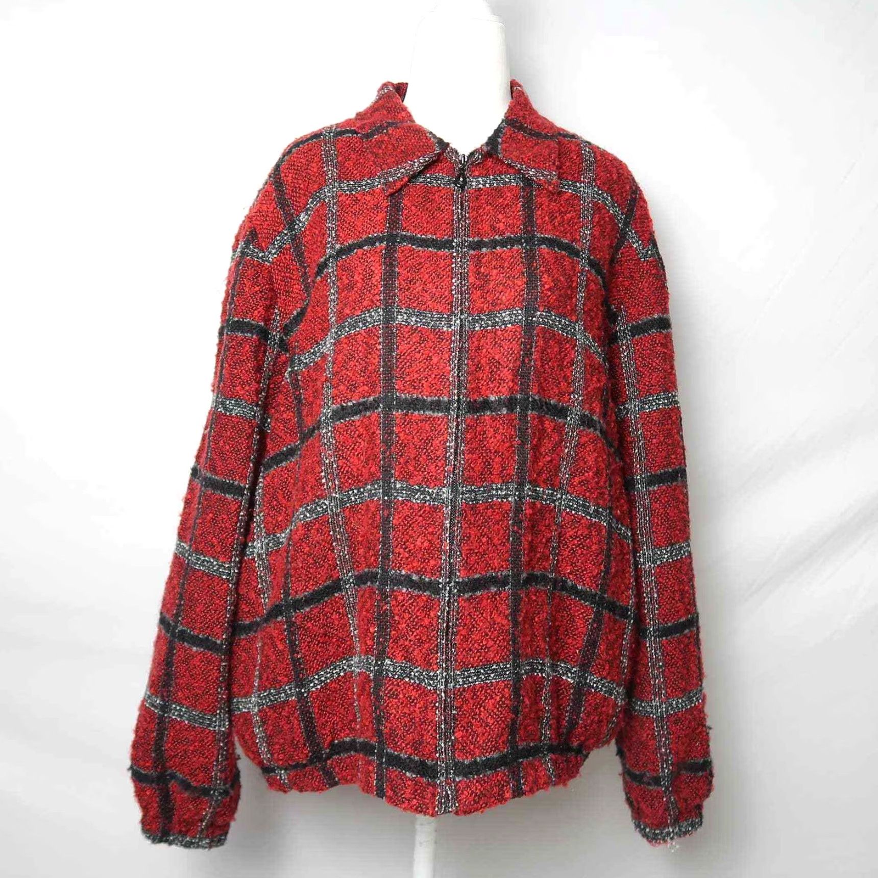 Vintage VINTAGE Alfred Dunner Jacket Plaid Zip Front Knit Bomber Womens 14 Red Black 24" Long Size XL / US 12-14 / IT 48-50 - 2 Thumbnail