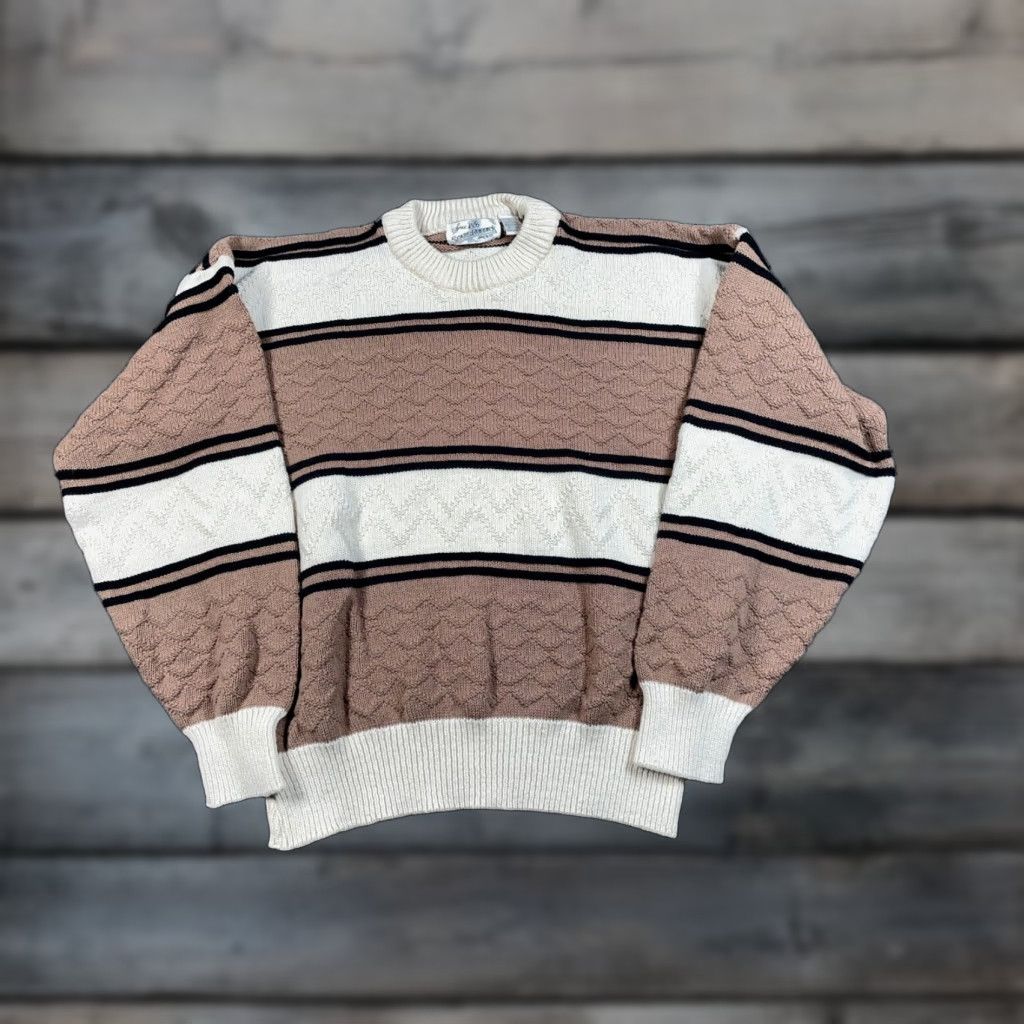 Sears VINTAGE Sears 80s Striped Sweater Adult Large Beige Brown Chunky-Knit Preppy Mens Size US L / EU 52-54 / 3 - 1 Thumbnail