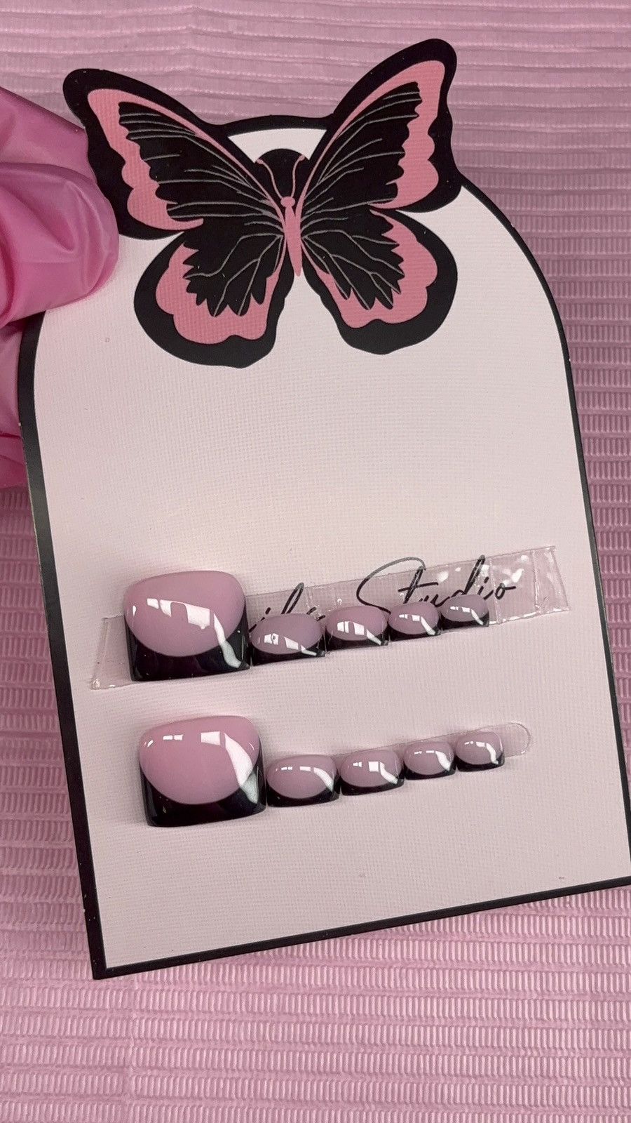 Handmade press on toenails pink nude black French tips handmade gel Size ONE SIZE - 1 Thumbnail