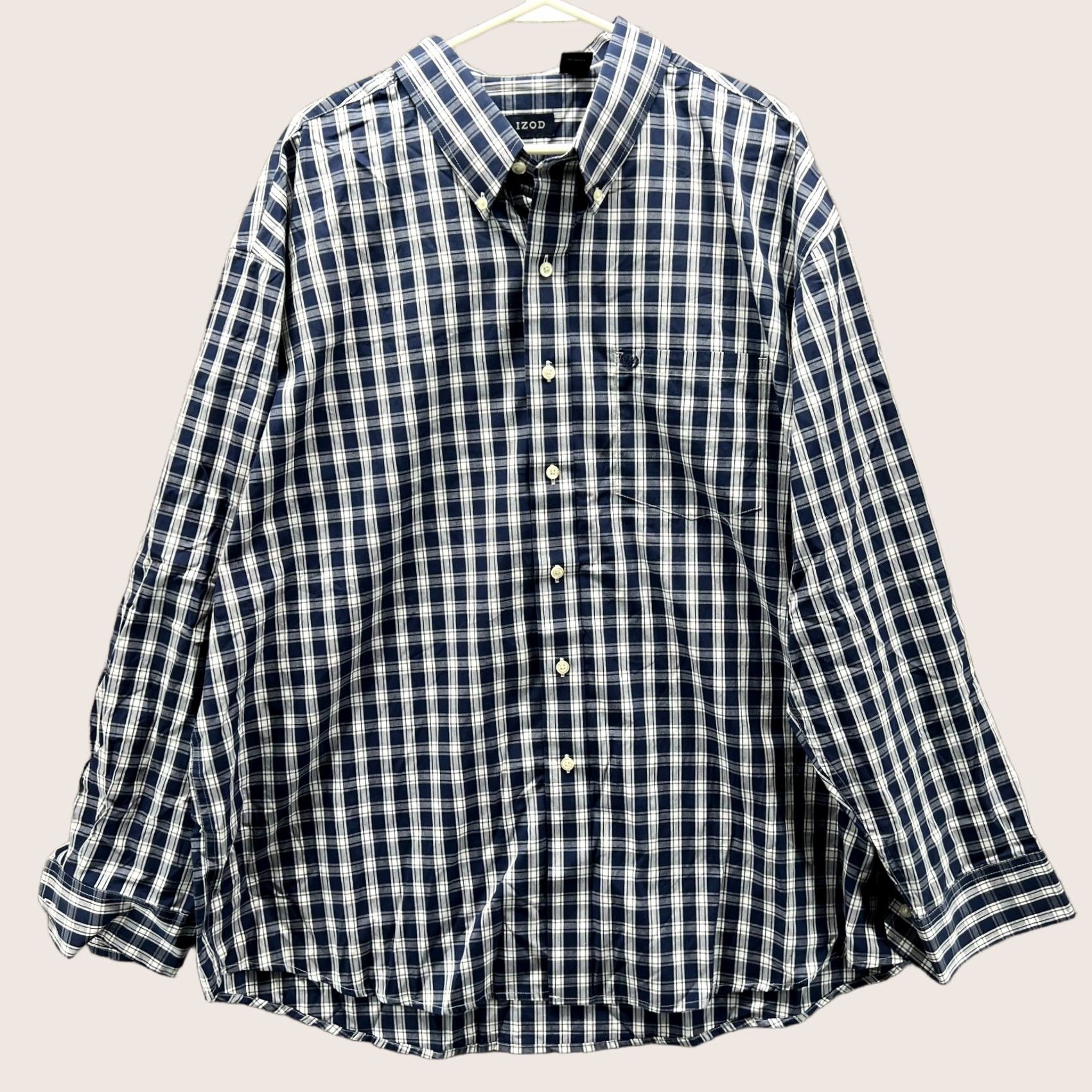 Izod Izod Shirt Mens XXL Blue Navy White Button-Down Checkered Dress Gingham 2XL Size 48R - 1 Thumbnail