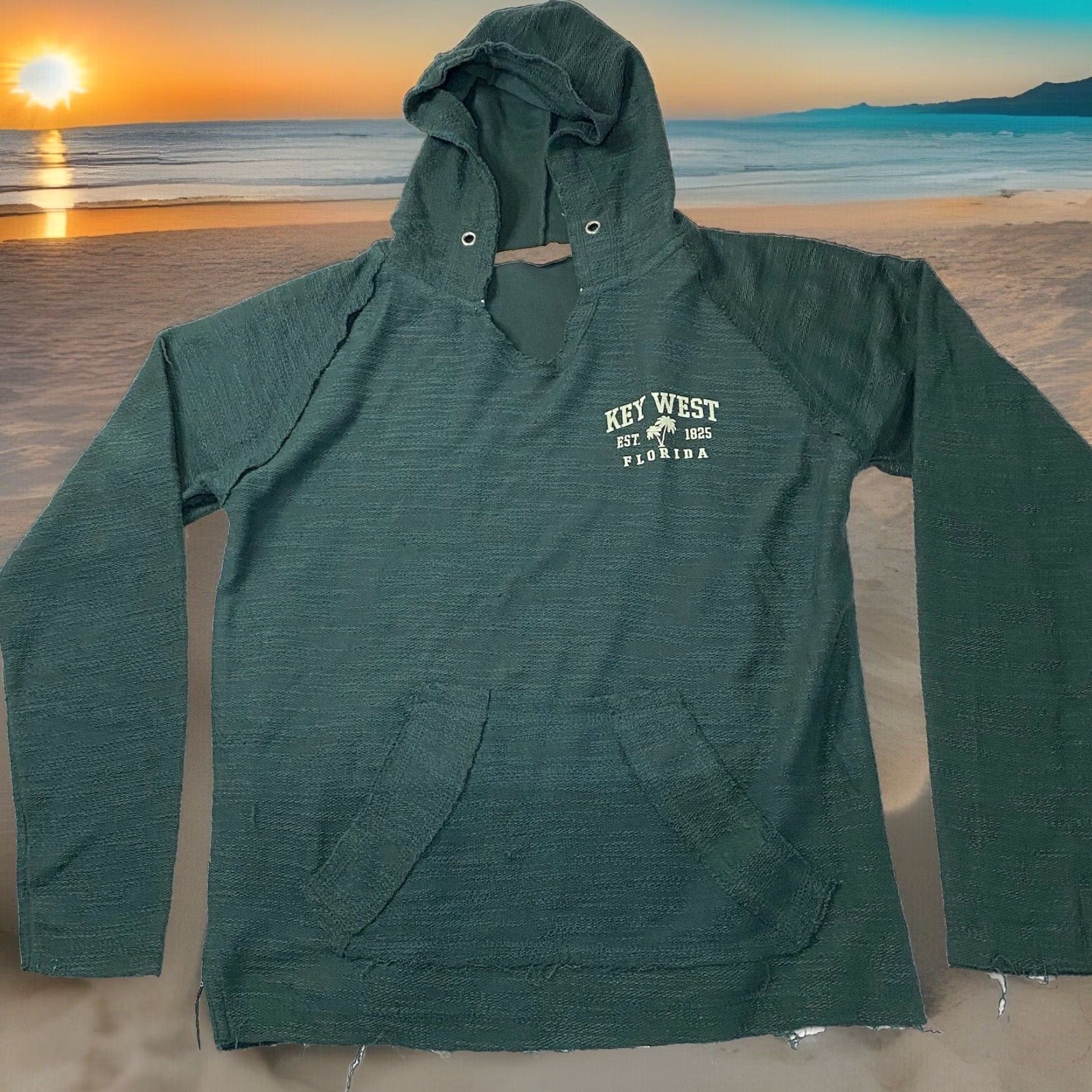Vintage VINTAGE Key West Hooded Sweatshirt Light Weight Grunge Distress Look Small S Unisex Adults Green Hoodie Pockets Casual Mens Womens Girls Boys Size US S / EU 44-46 / 1 - 2 Thumbnail