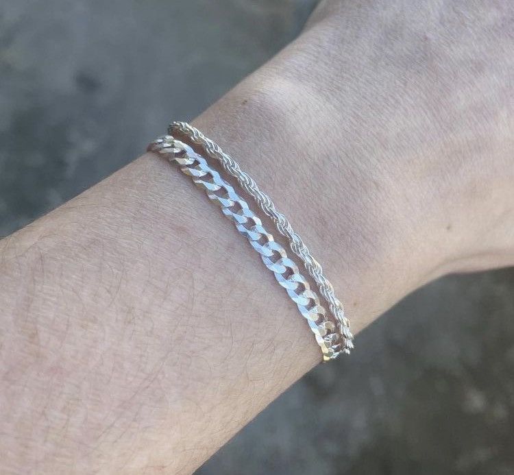Jewelry Silver Bracelets 7in 3mm Rope Chain And 7in 4mm Cuban Curb Size ONE SIZE - 1 Thumbnail