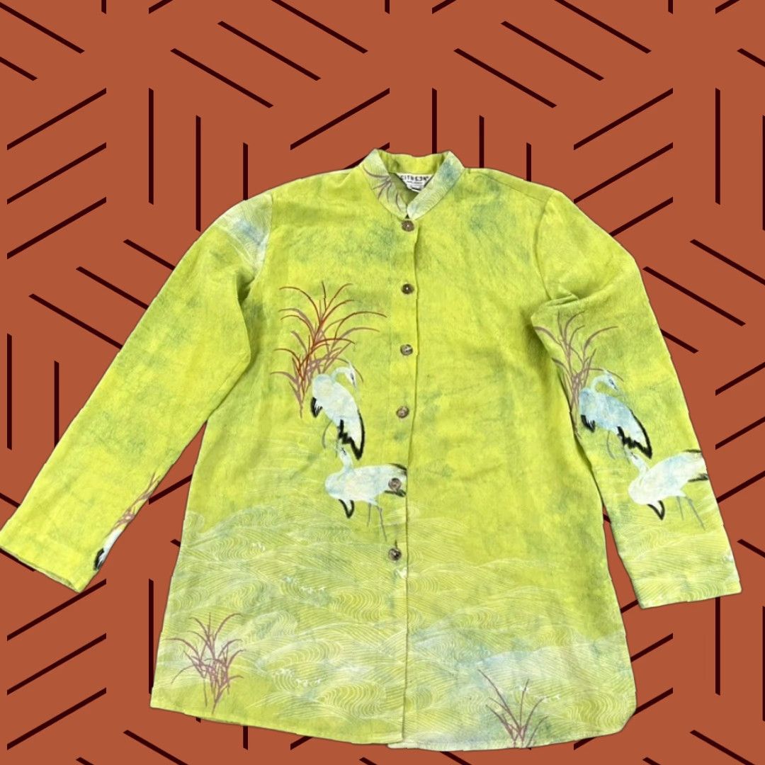Vintage CITRON Shirt Womens Medium Green Bird 100% Silk Tunic Top Button Up Santa Monica Dresswear Casual Workwear Size M / US 6-8 / IT 42-44 - 1 Thumbnail