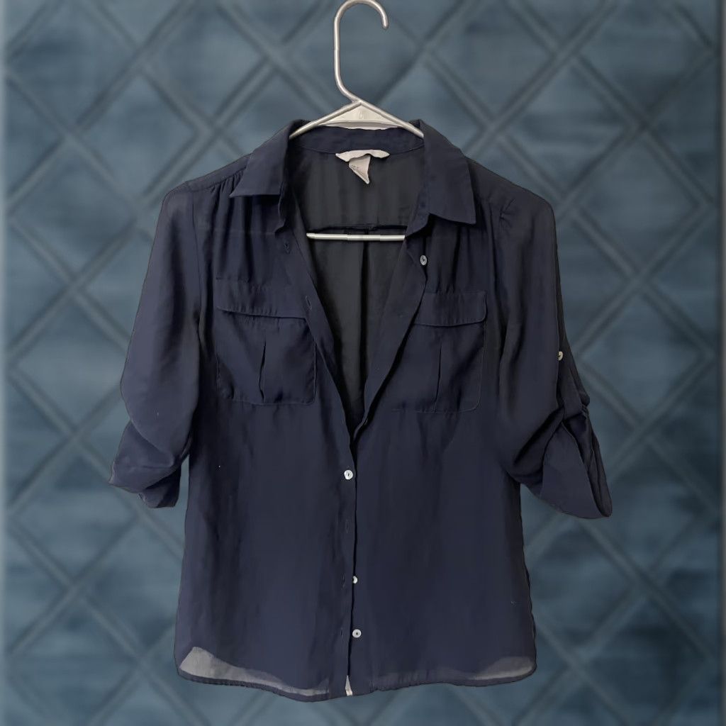 H&M H&M Womens Blouse Navy Blue 3/4 Sleeve Button Pocket Polyester Shirt Womens Size 4 Size S / US 4 / IT 40 - 1 Thumbnail