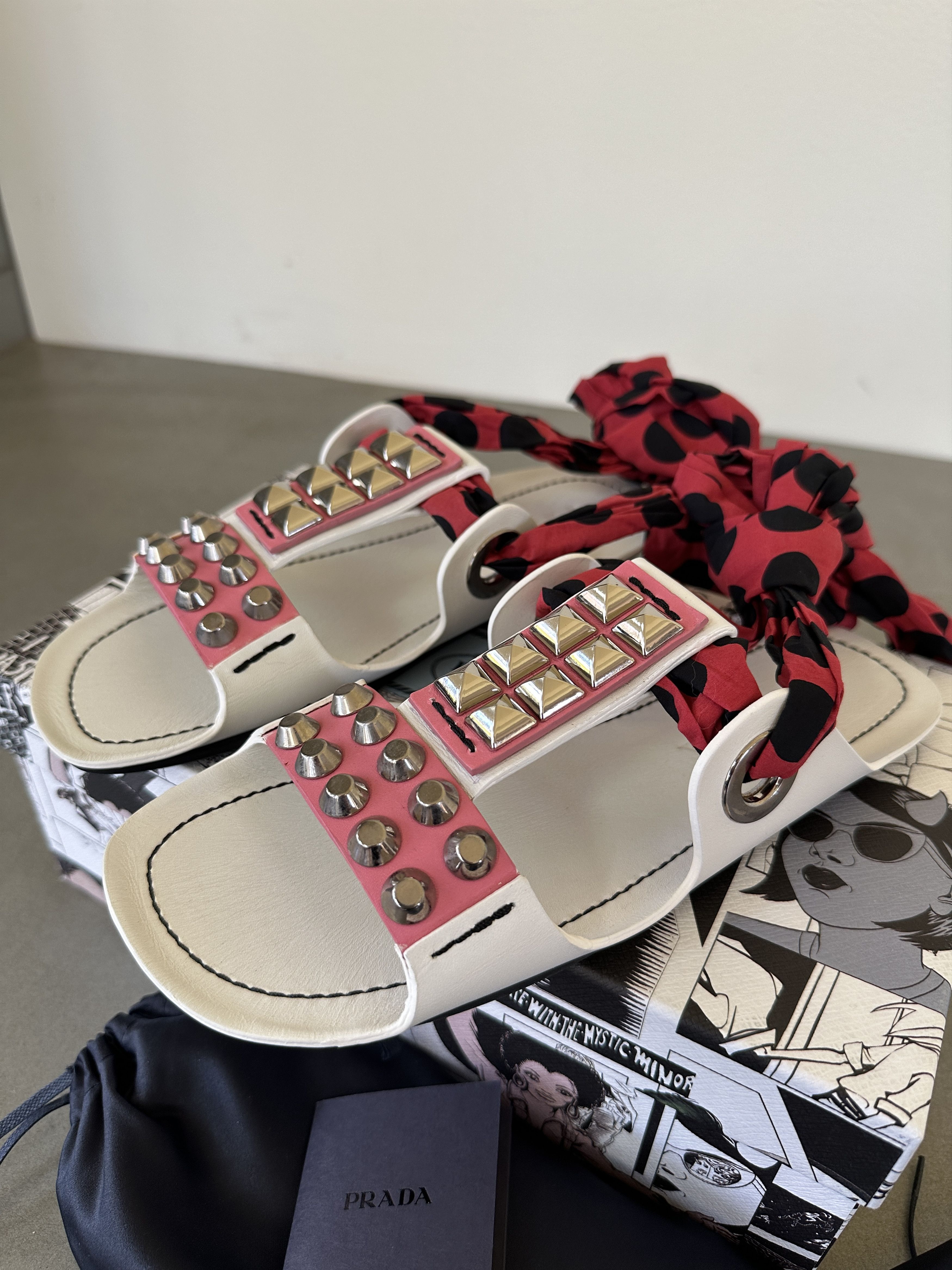 Prada 38.5 NEW $795 PRADA RUNWAY STUD Wrap FLAT SANDALS Size US 8 / IT 38 - 2 Thumbnail