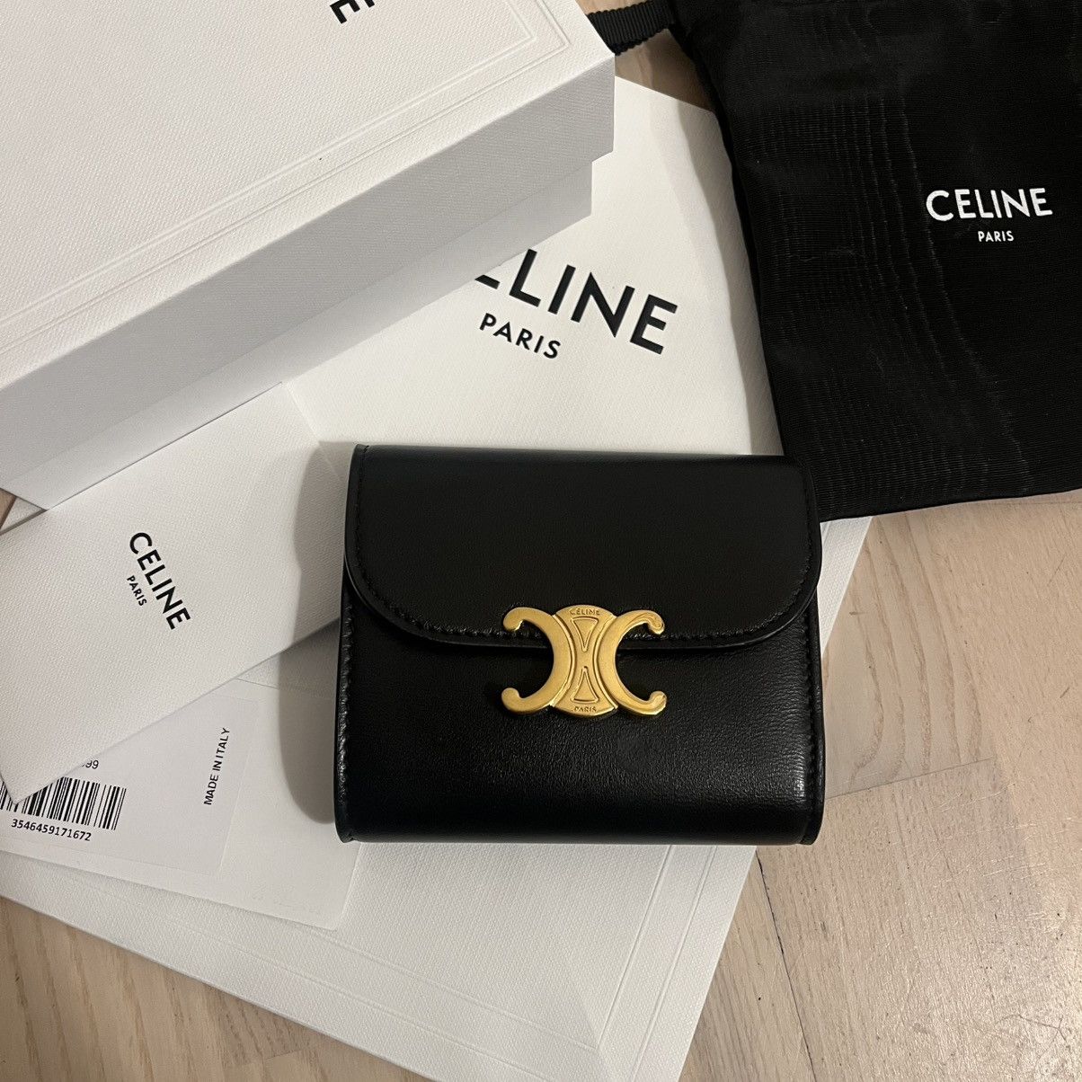 Celine CELINE SMALL FLAP WALLET TRIOMPHE IN BLACK AND GOLD Size ONE SIZE - 13 Thumbnail