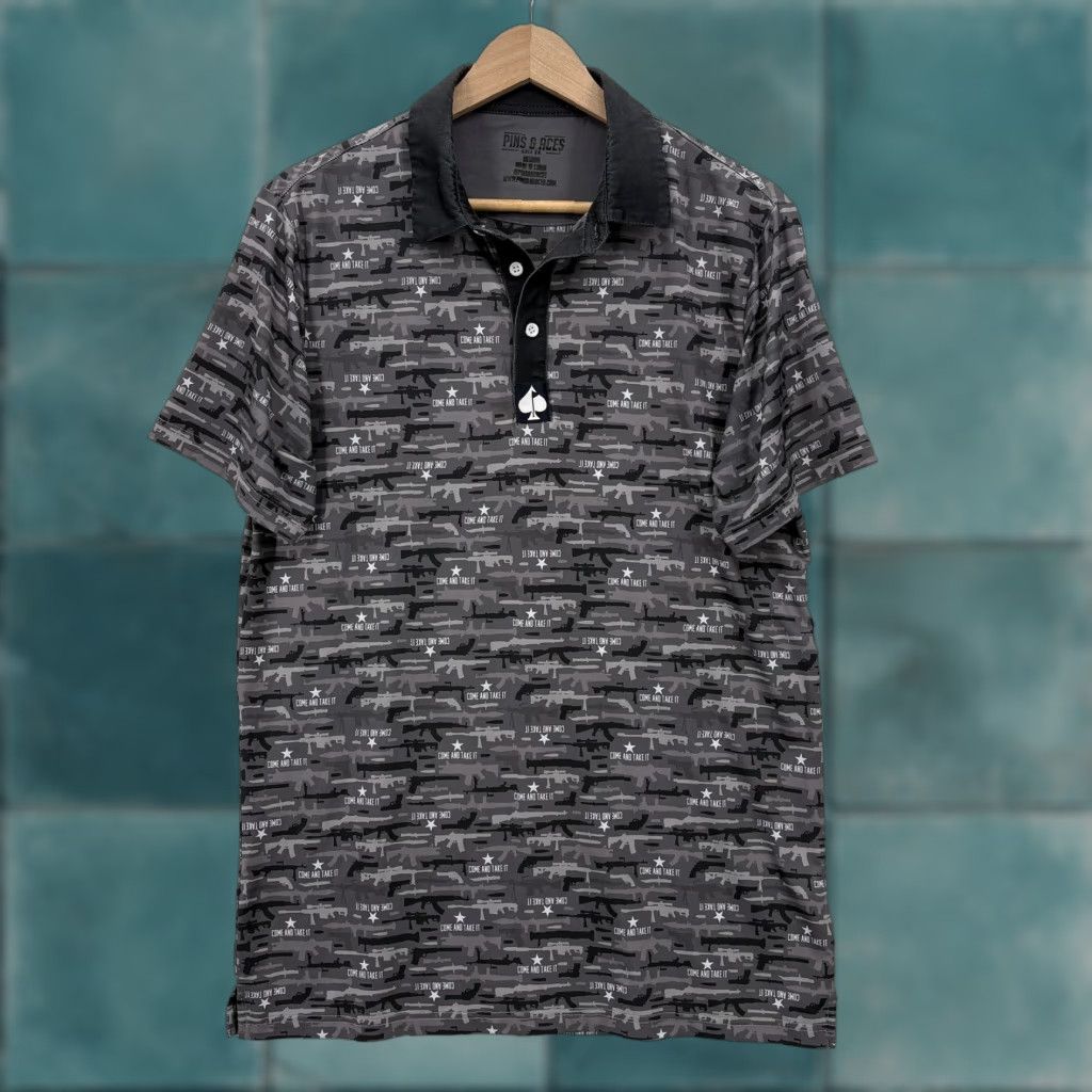 Vintage Pins & Aces Golf Polo Shirt Mens M Gray Graphic Print Come And Take It Gun Print Shirt Size US M / EU 48-50 / 2 - 1 Thumbnail