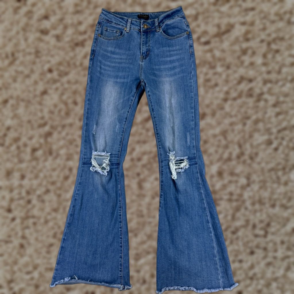 Vintage Pink Label Jeans Women Jeans 3 Blue Flared Distressed Cotton Blend 23x30 Vintage No 30 Inseam 30 Size 26" / US 2 / IT 38 - 1 Thumbnail