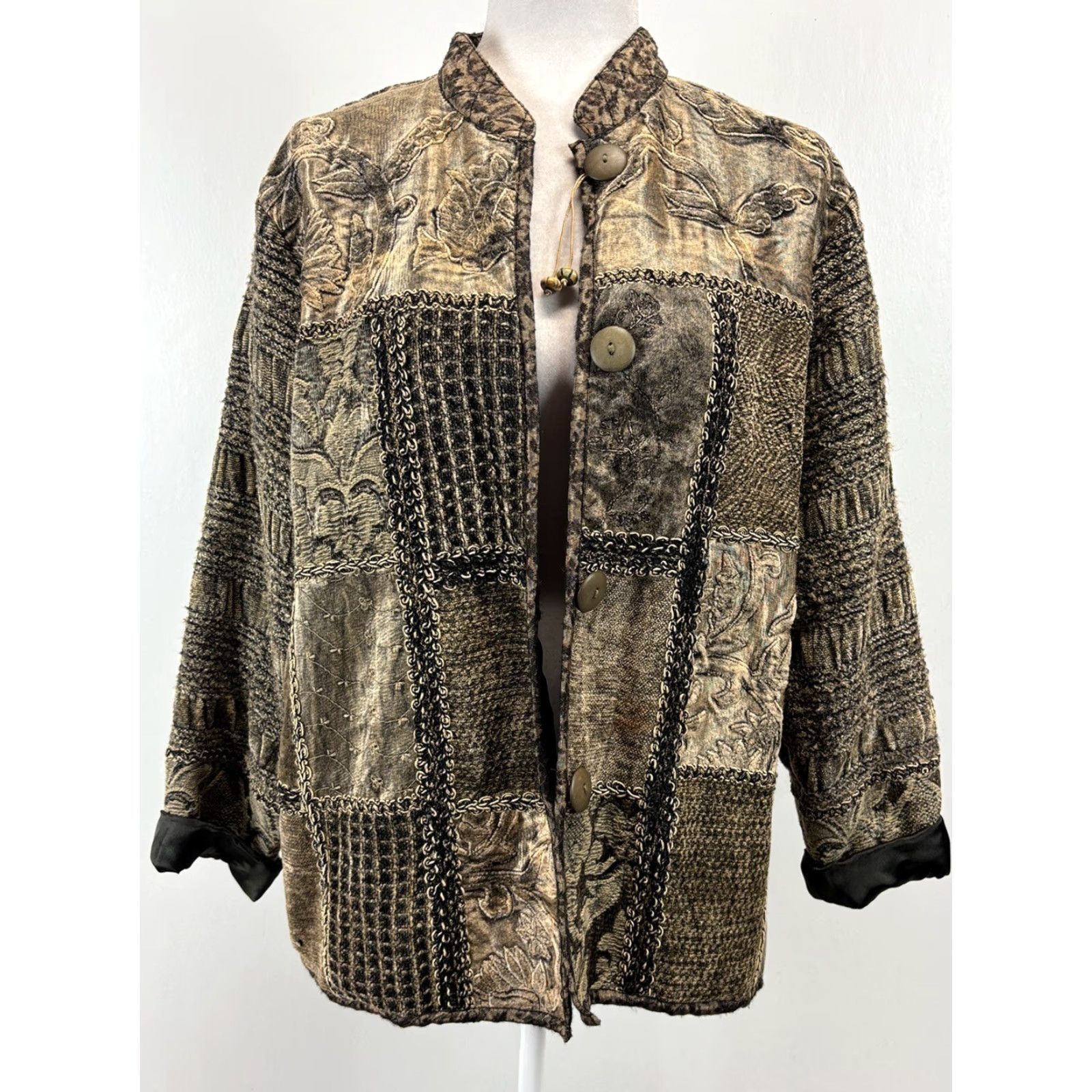 Velour VINTAGE Flashback Velour Jacket Embroidered Lace Women Mid-Length Brown Green 90s Retro Boho Velvet Jacket Womens M Size M / US 6-8 / IT 42-44 - 5 Thumbnail
