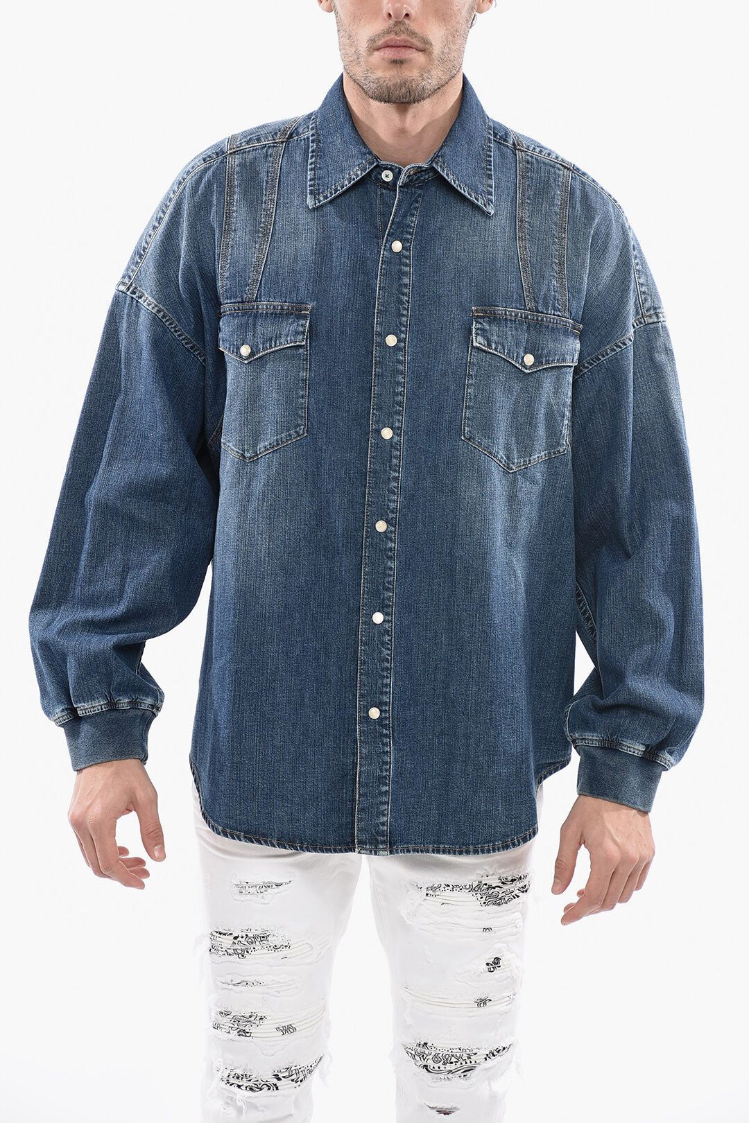 image of Alexander Mcqueen Og1Mm0423 Oversized Denim Shirt In Blue, Men's (Size Small)