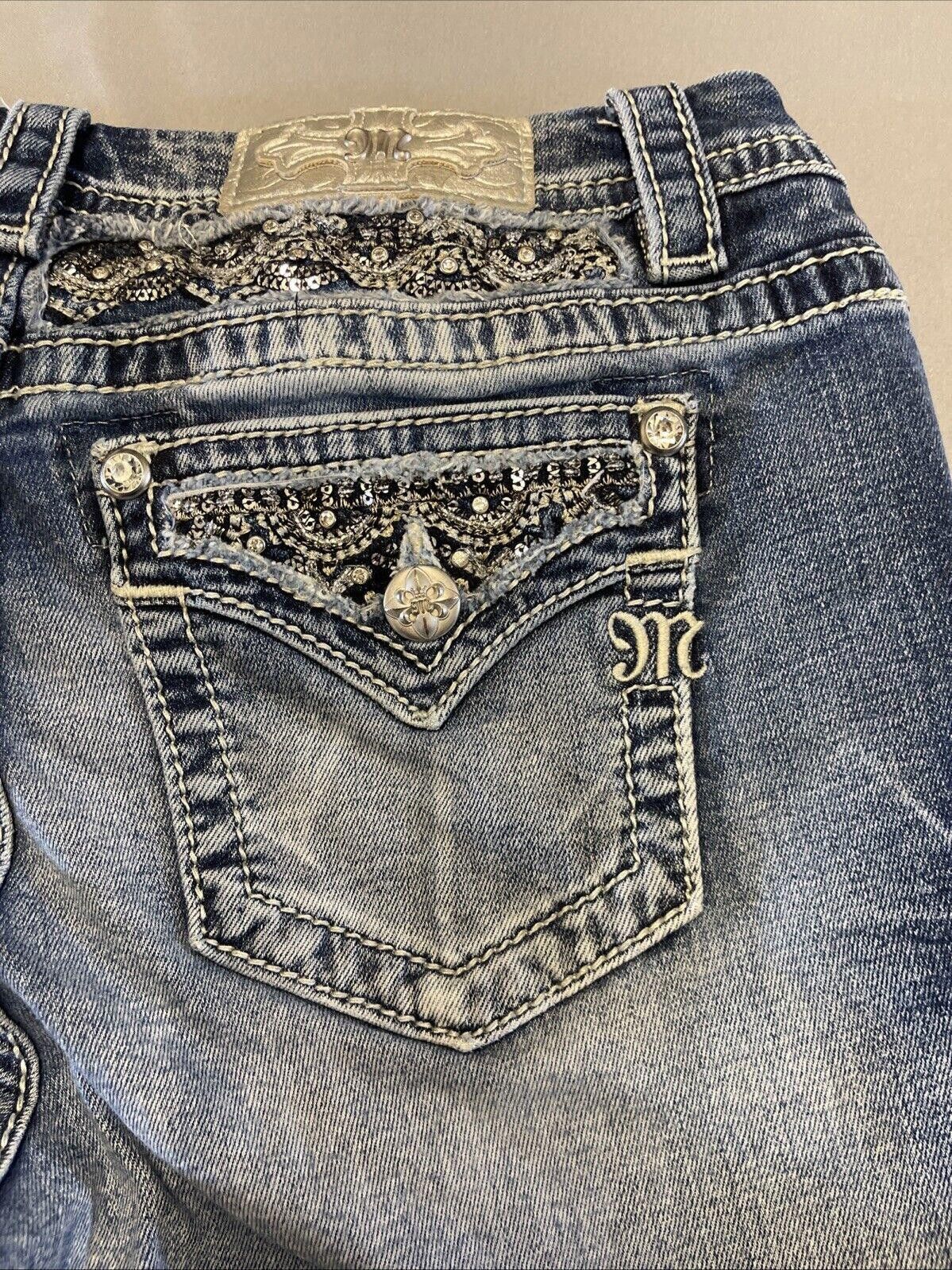 Designer Miss Me Jeans Womens 29 Blue Stretch Blend Denim Capri Size 29" - 2 Thumbnail