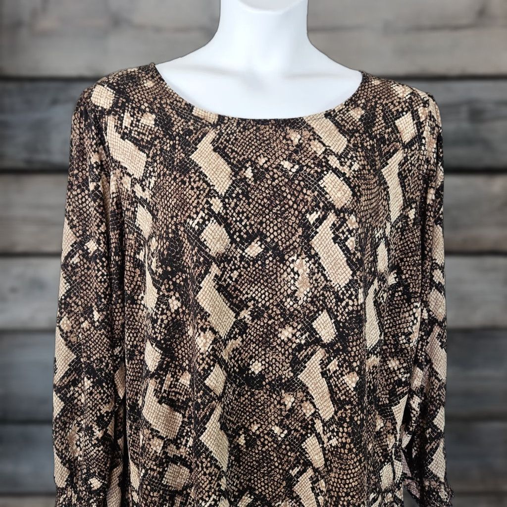 Vintage VINTAGE Peace & Pearls Womens Top 2X Blouse Long Sleeve Black Brown Snakeskin Print Size XXL / US 16-18 / IT 52-54 - 1 Thumbnail