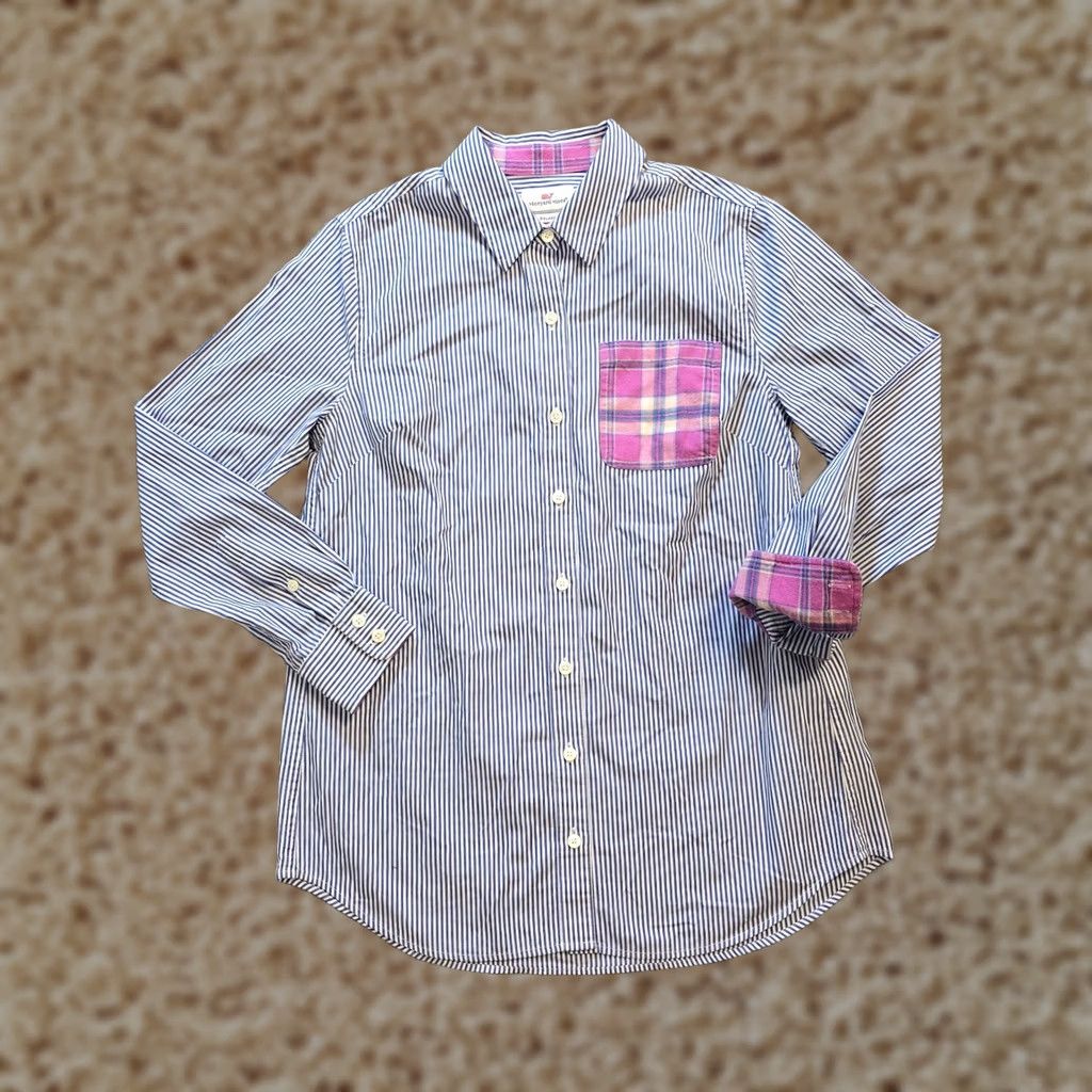 Vineyard Vines Vineyard Vines Top Womens Size 4 Blue Striped Plaid Button Preppy Casual Capsule Blouse Size S / US 4 / IT 40 - 1 Thumbnail