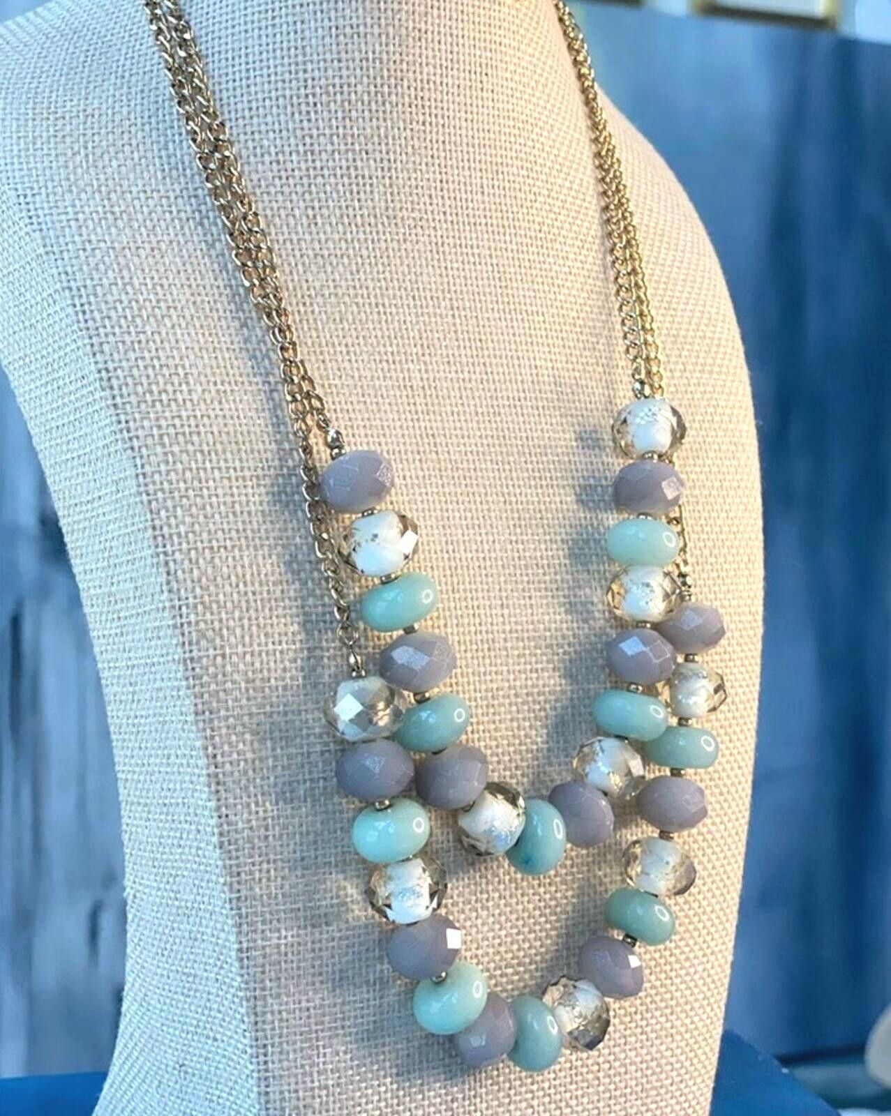 Other LOFT Beaded Necklace Aqua Gray Gold Chain Size ONE SIZE - 4 Thumbnail