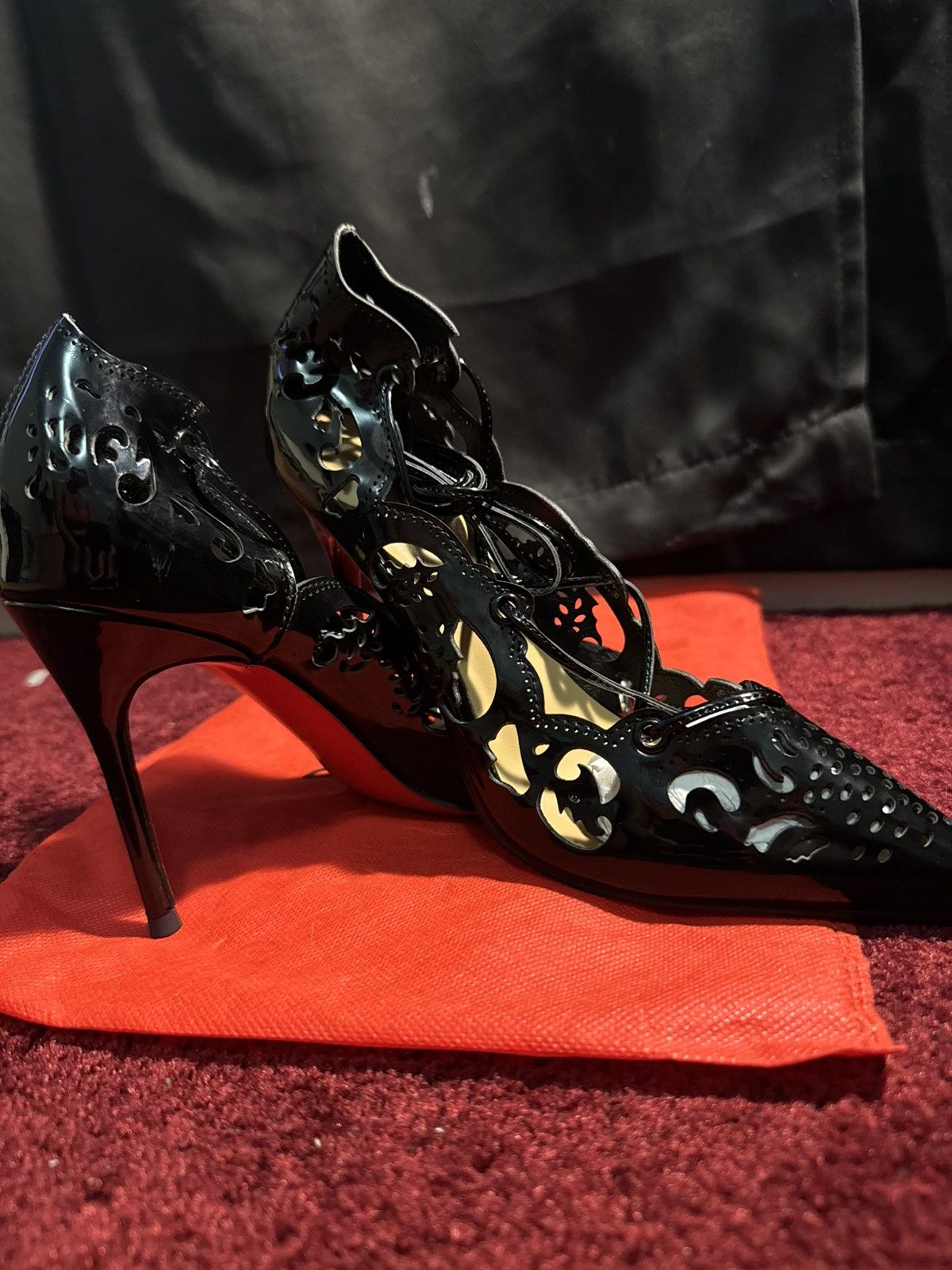 Christian Louboutin Christian Louboutin Black Patent Leather LaserCut Heels Mint Size US 7 / IT 37 - 6 Thumbnail
