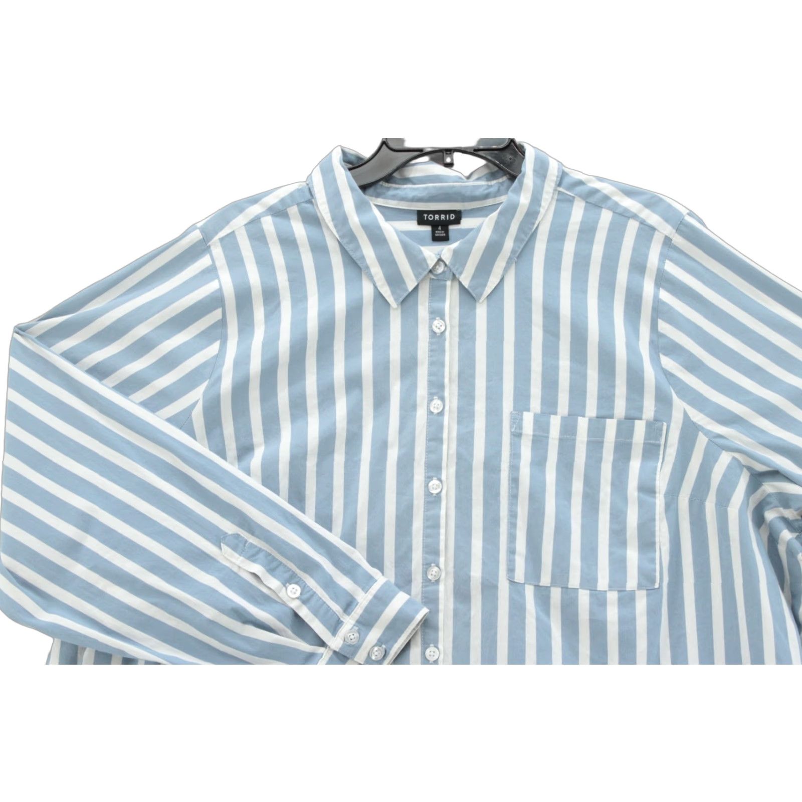 Torrid Torrid Madison Poplin Blouse Womens 4 Blue Striped Button Up Long Sleeve Size S / US 4 / IT 40 - 1 Thumbnail