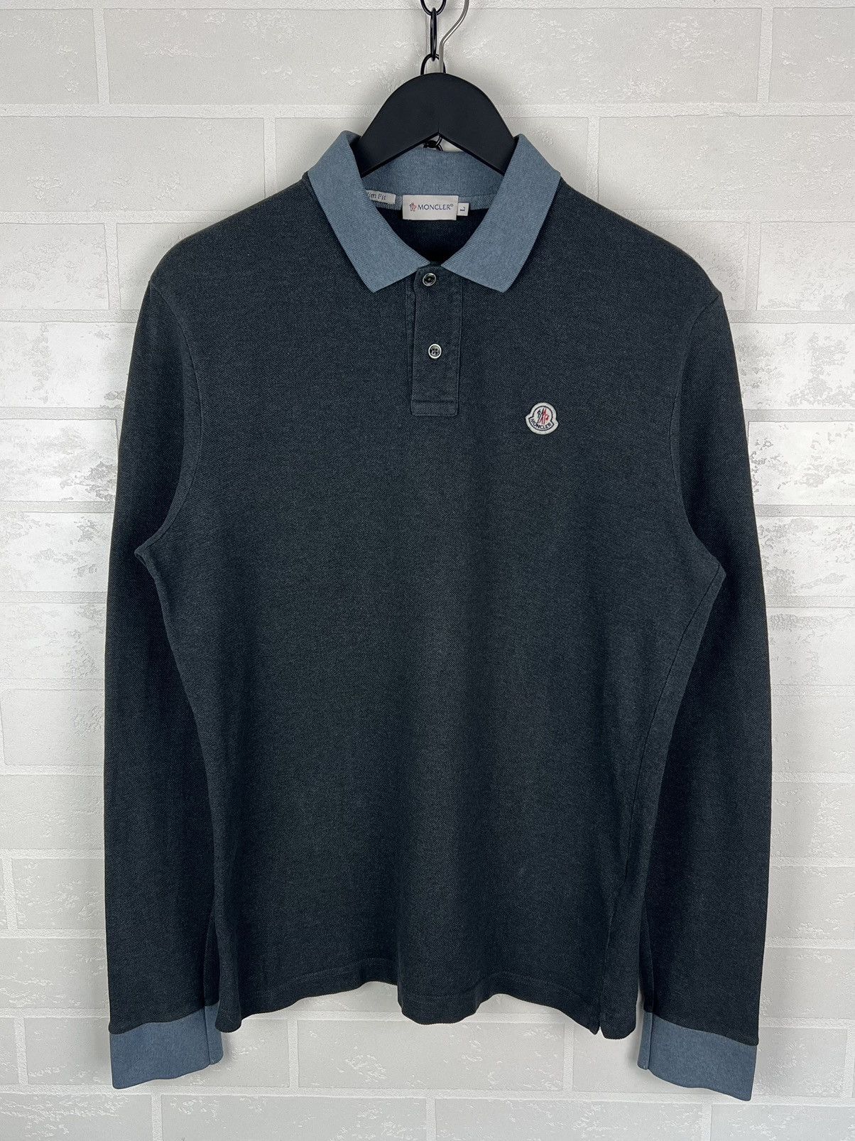 MONCLER Long Sleeve Polo Shirt Slim Fit Patch Logo Gray Mens