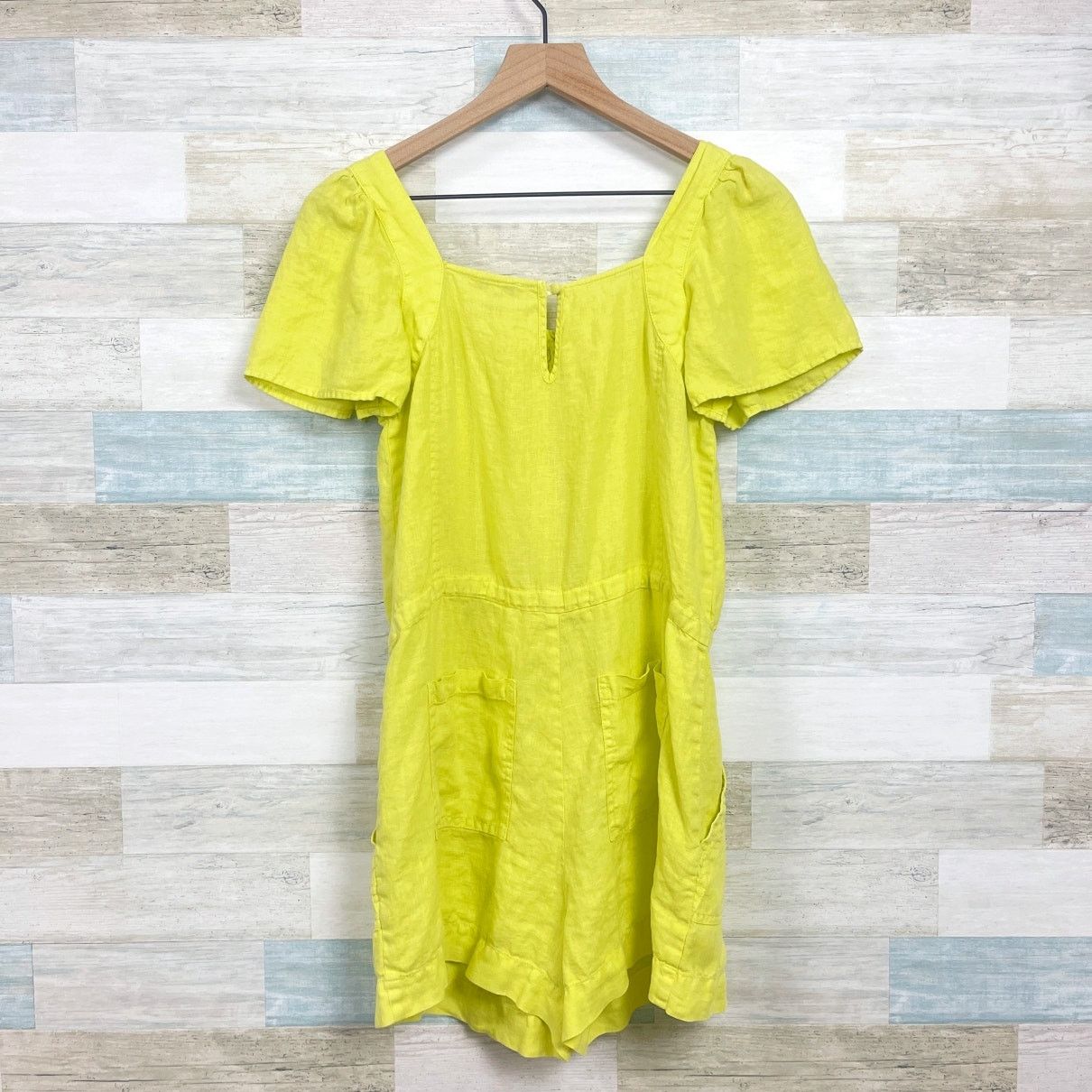 Joie JOIE Linen Alina Romper Neon Yellow Smocked Pockets Women XS Size 25" / US 0 / IT 36 - 4 Thumbnail