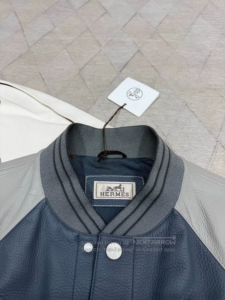 Hermes Hermes 100% Deer Leather and Linen Baseball Jacket in Blue Size US M / EU 48-50 / 2 - 3 Thumbnail