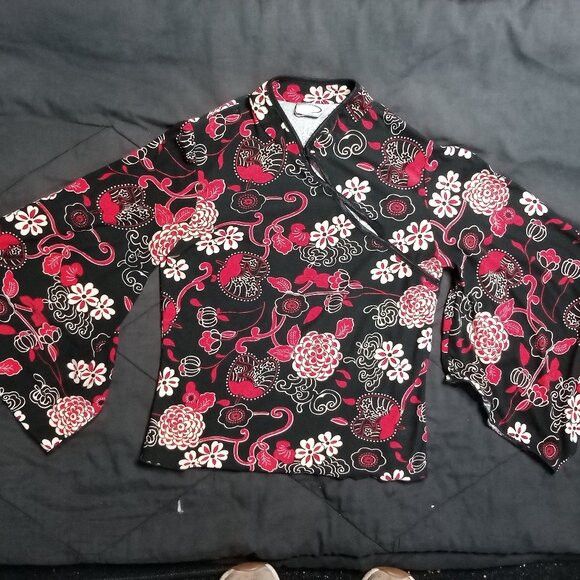 Vintage Vintage Rave Oriental Flower Blossoms Crop Top Shirt Size L / US 10 / IT 46 - 2 Thumbnail