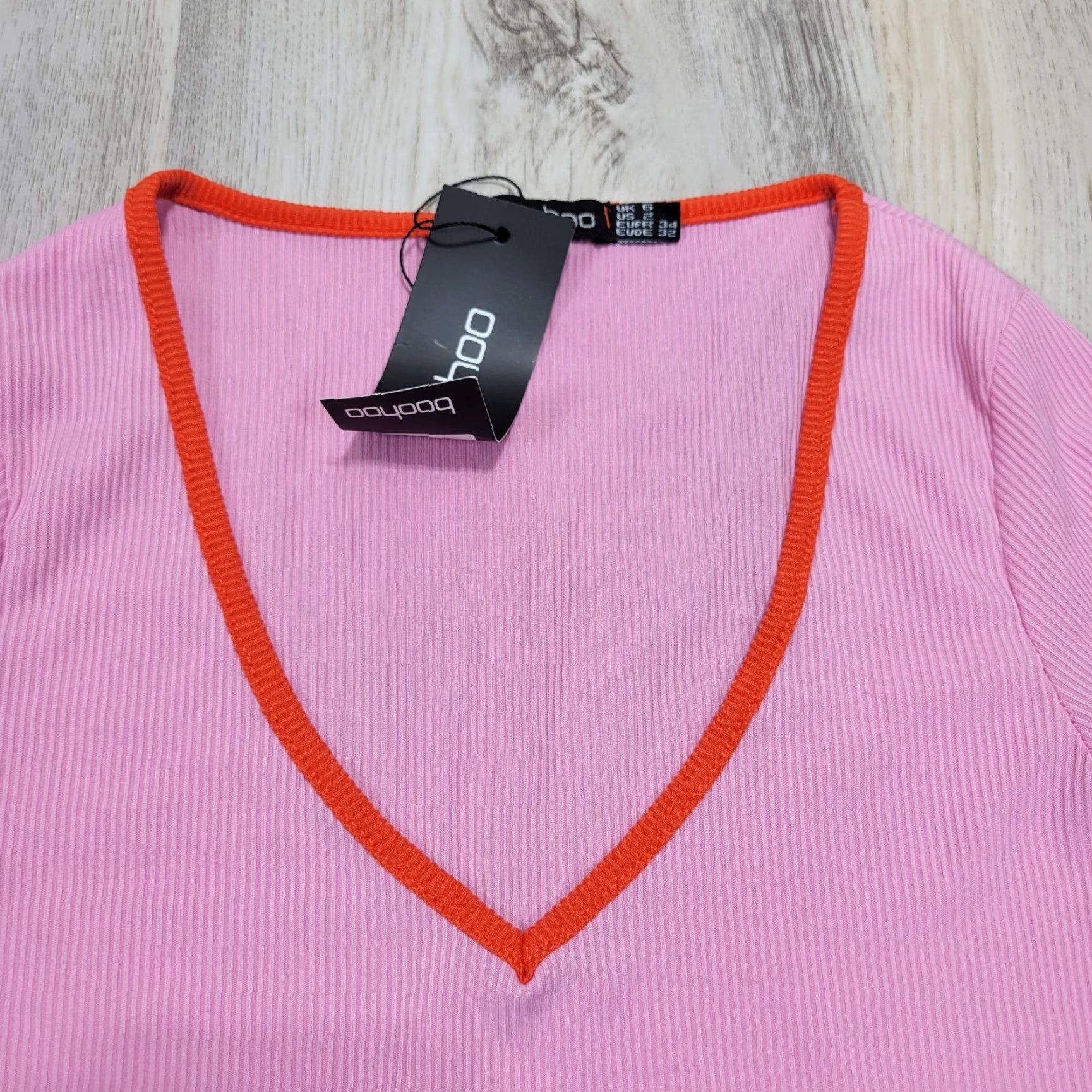 Boohoo Boohoo Bodysuit Pink Flared Sleeve Contrast Trim Ribbed Sz 2 NWT Womens Size XS / US 0-2 / IT 36-38 - 4 Thumbnail