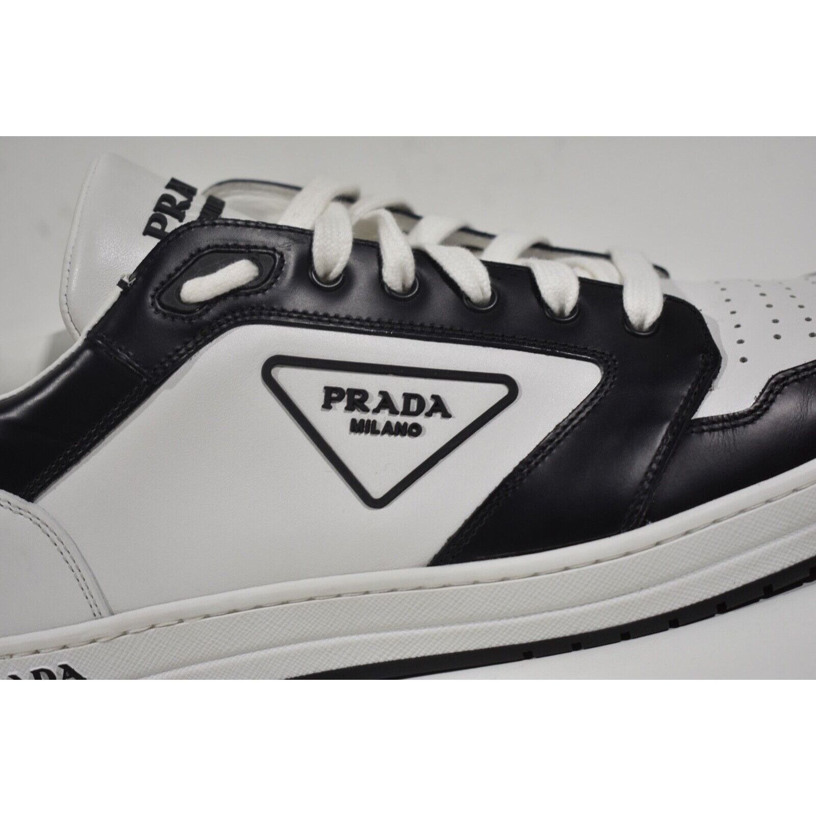 Prada Prada District Leather White Black Flat Low Top Sneaker Size US 8 / EU 41 - 4 Thumbnail