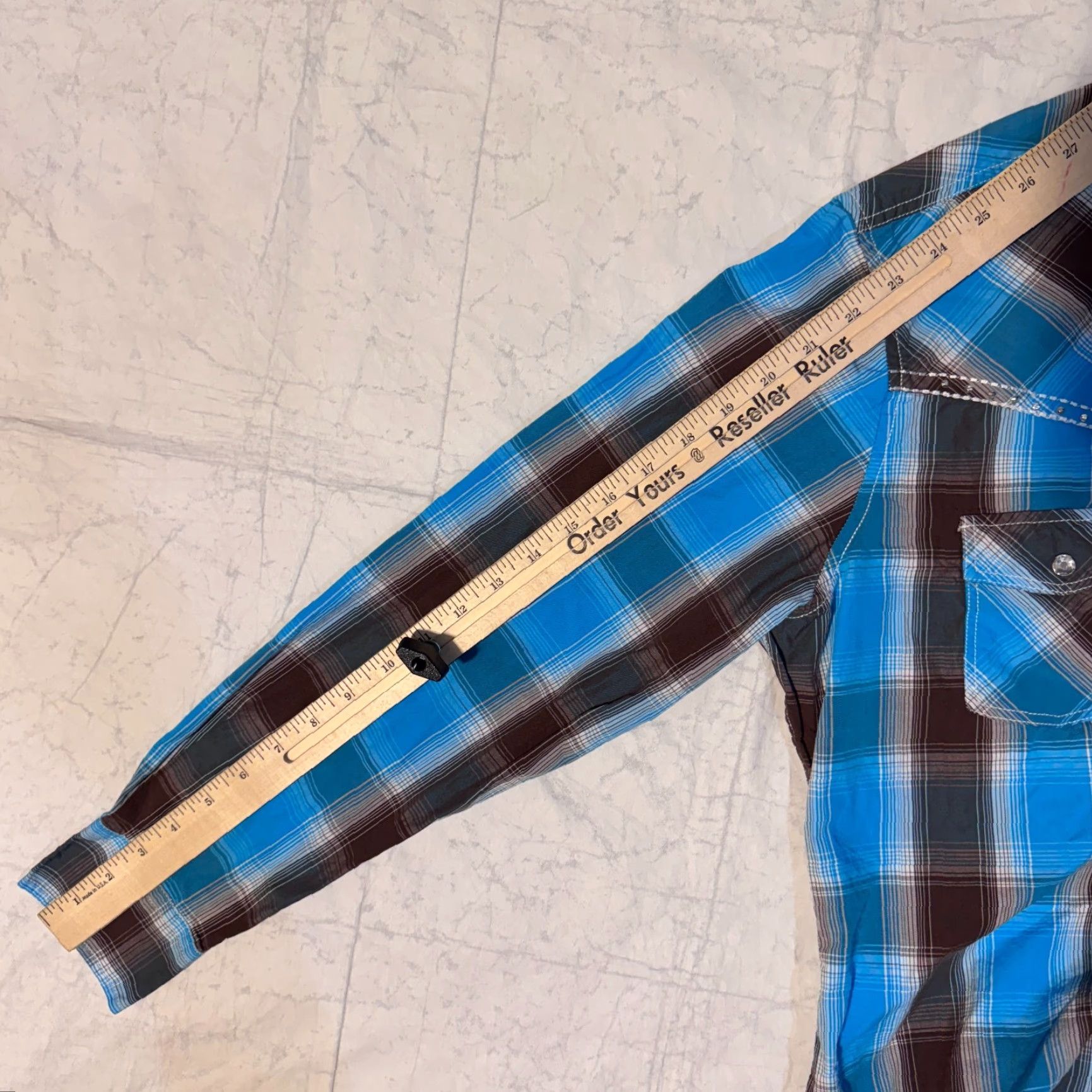 Vintage Cowgirl Hardware Shirt - L Blue & Brown Plaid Western Bling Snap Button-Up Womens Regular Long Sleeve Cotton Knit Classic Western Blouse Size L / US 10 / IT 46 - 6 Thumbnail