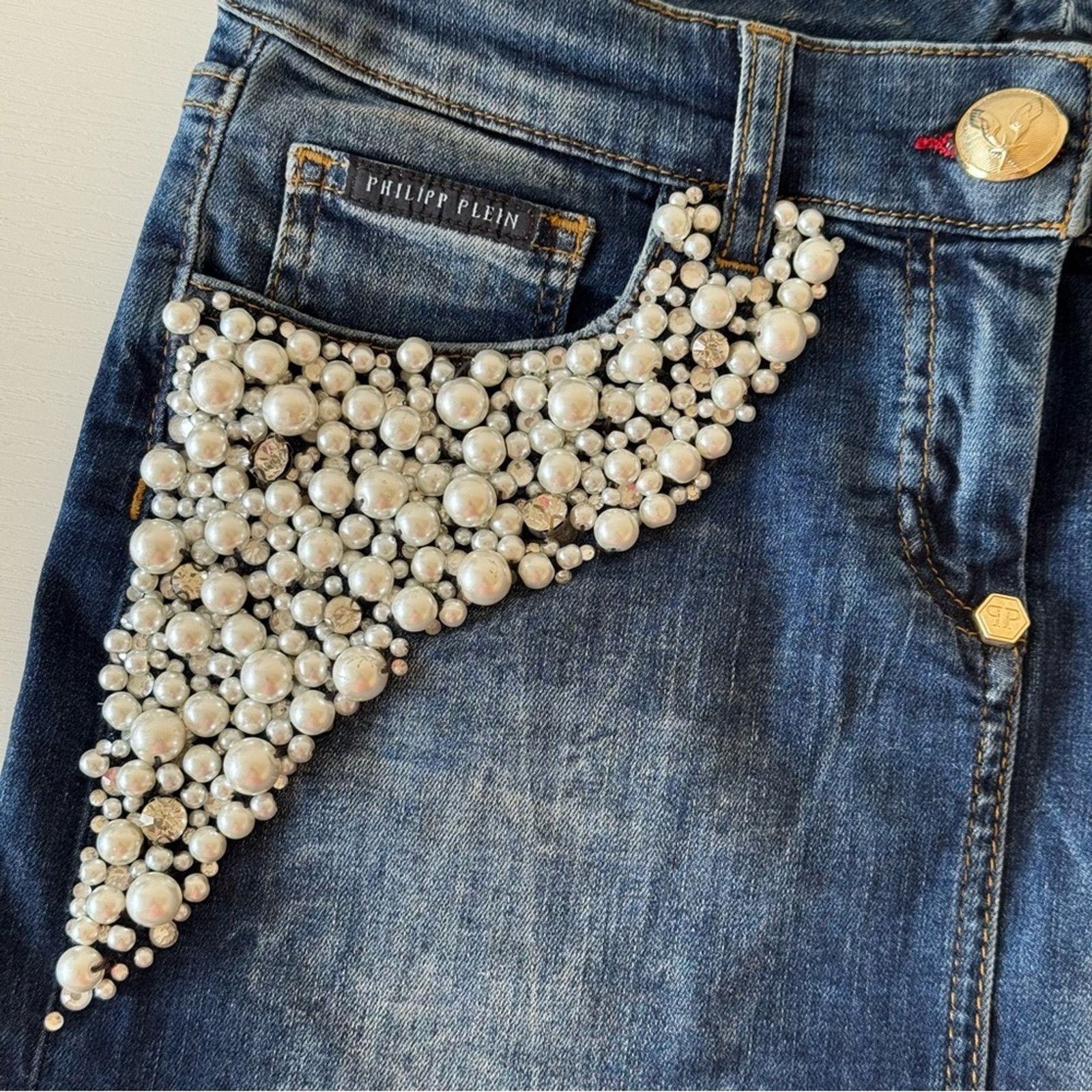 Philipp Plein PHILIPP PLEIN Embellished Denim Skirt Pearl Accents, Size 26 Size 26" / US 2 / IT 38 - 2 Thumbnail