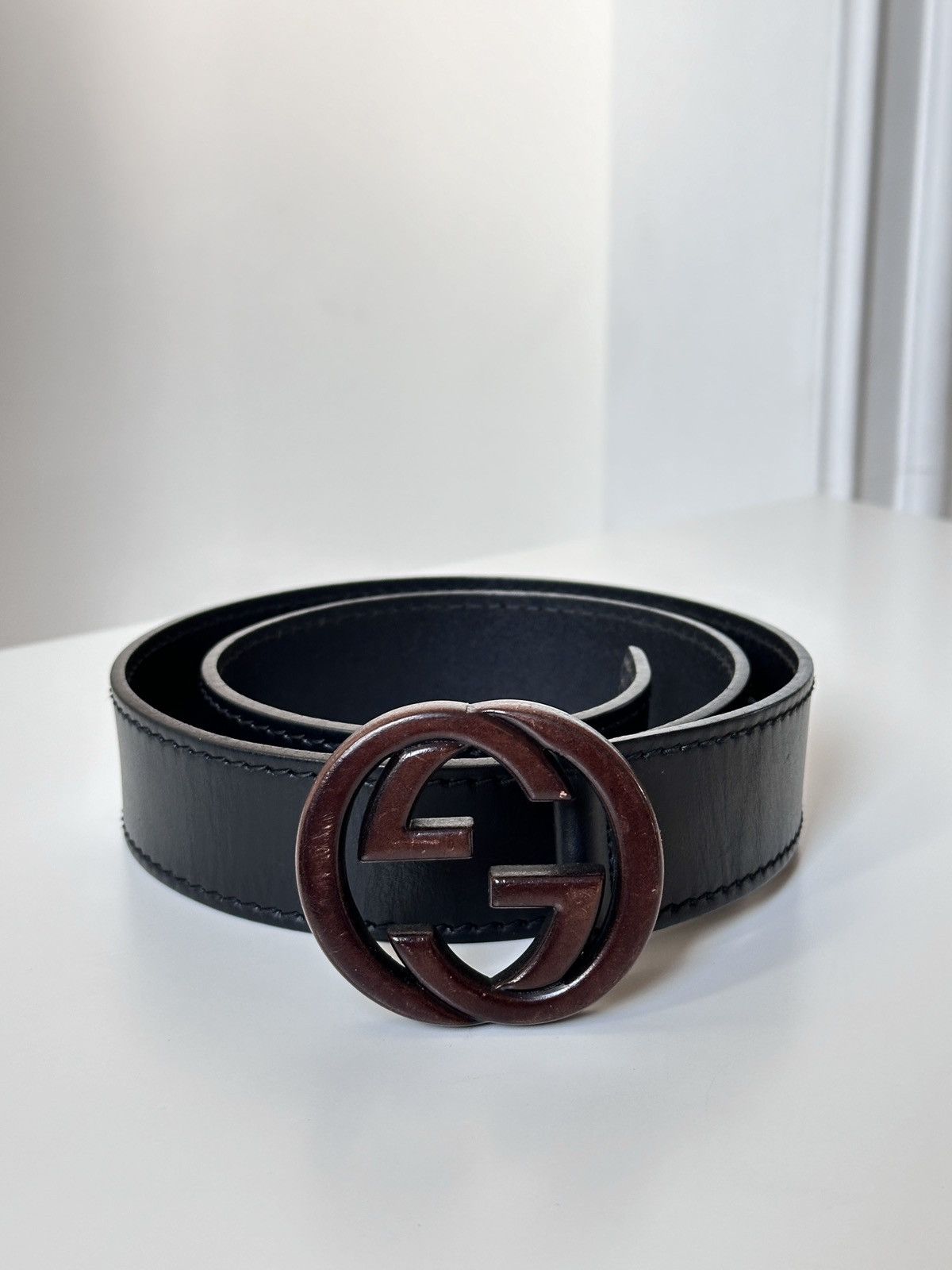 Gucci GUCCI Wooden Brown Buckle Leather Double GG Belt Size: 85/34 Size 30 - 1 Thumbnail