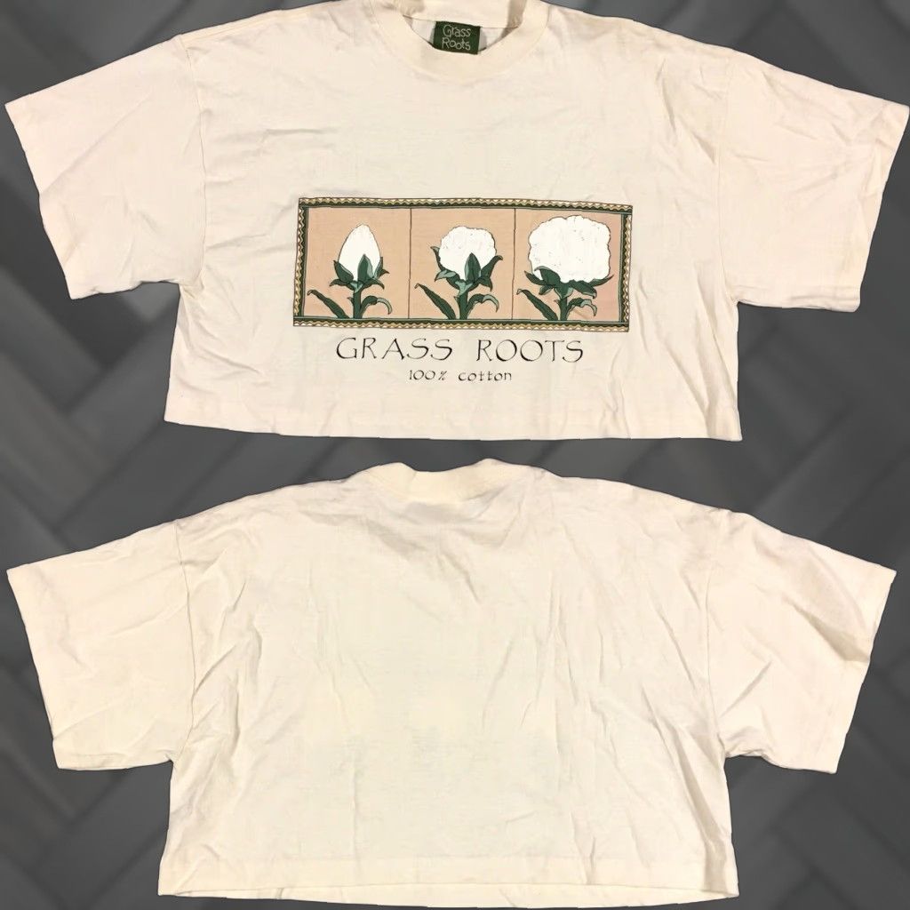 Vintage VTG Grass Roots Crop Top Graphic T Shirt One Size Made In USA Ivory Cotton Crew Neck Short Sleeve Women Shirt Size ONE SIZE - 1 Thumbnail