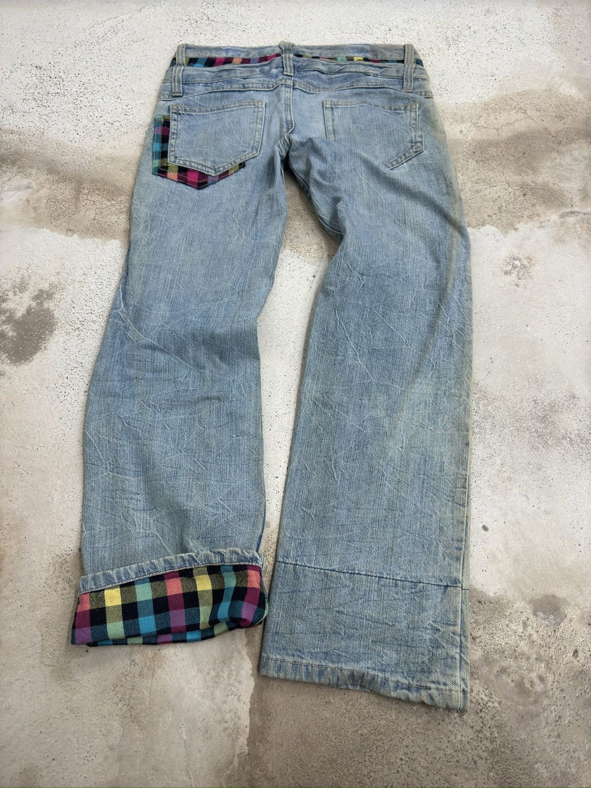 Hysteric Glamour Japanese Y2K Double Waist Plaid Patches Sun Faded Denim Size US 31 - 2 Thumbnail