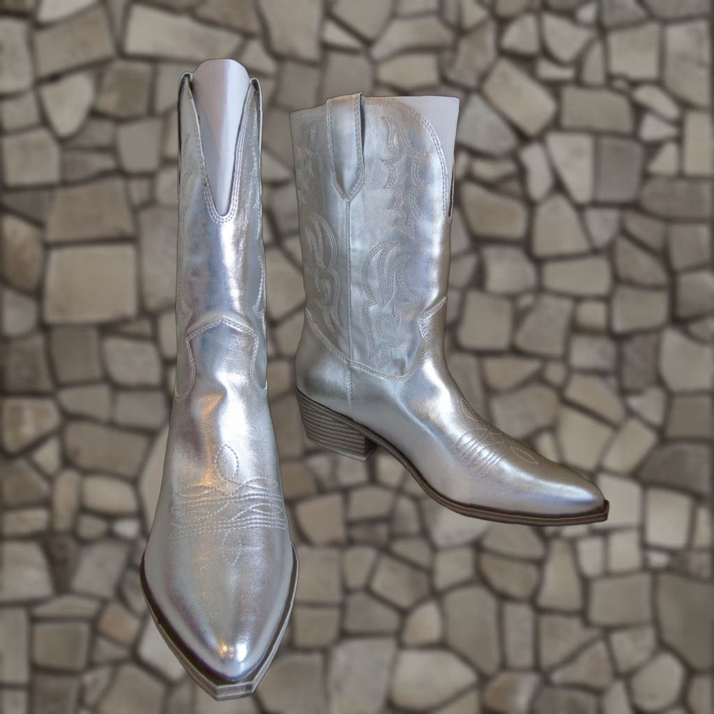 Nib Nine West Silver Stitched Block Heel Shoes Western Man Made Boots Women Size 11 M