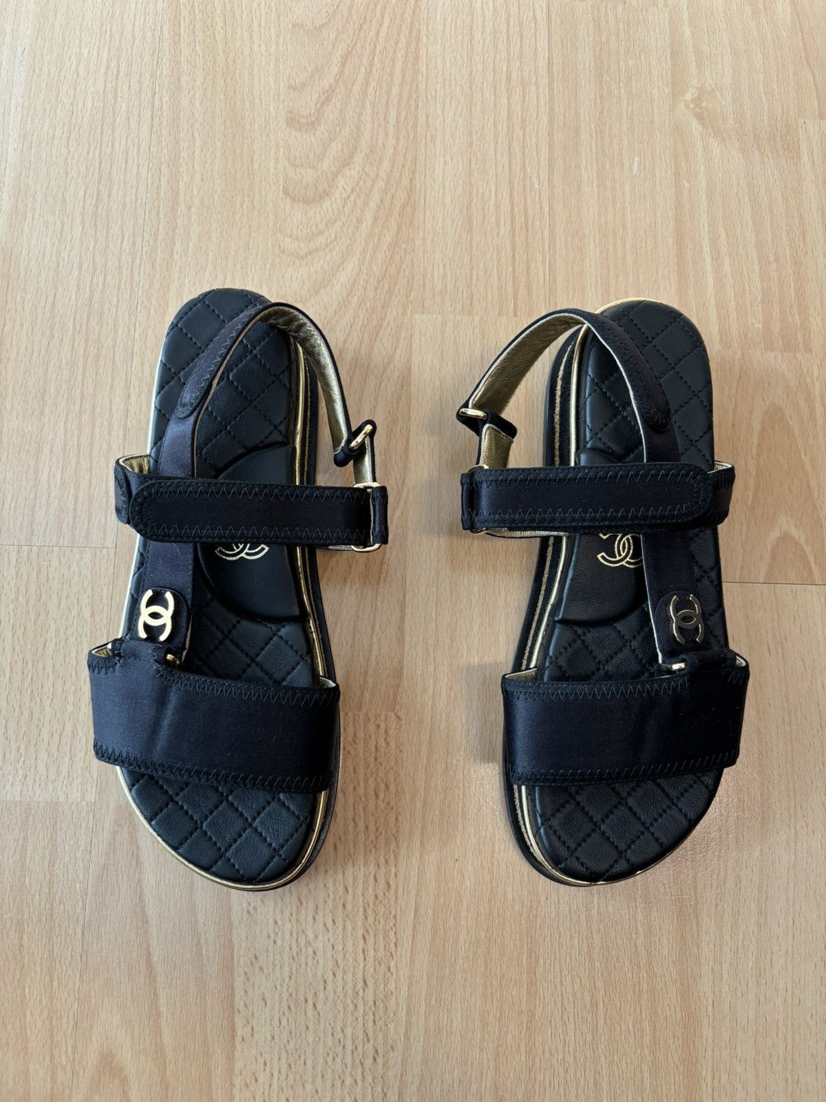 Chanel Chanel Black Satin CC Velcro Strap Flat Sandals Size US 5 / IT 35 - 1 Thumbnail