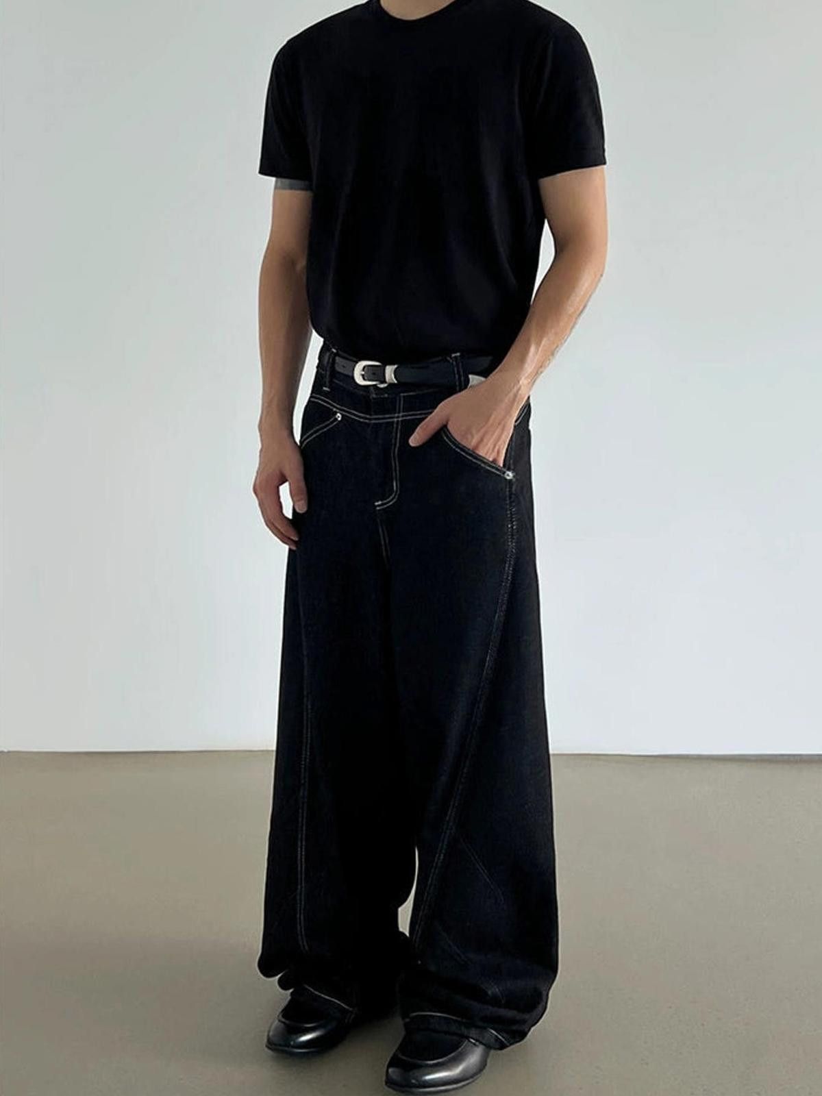 Vintage Black Wide-Leg White Stich Detailing Jeans Size US 32 / EU 48 - 5 Thumbnail