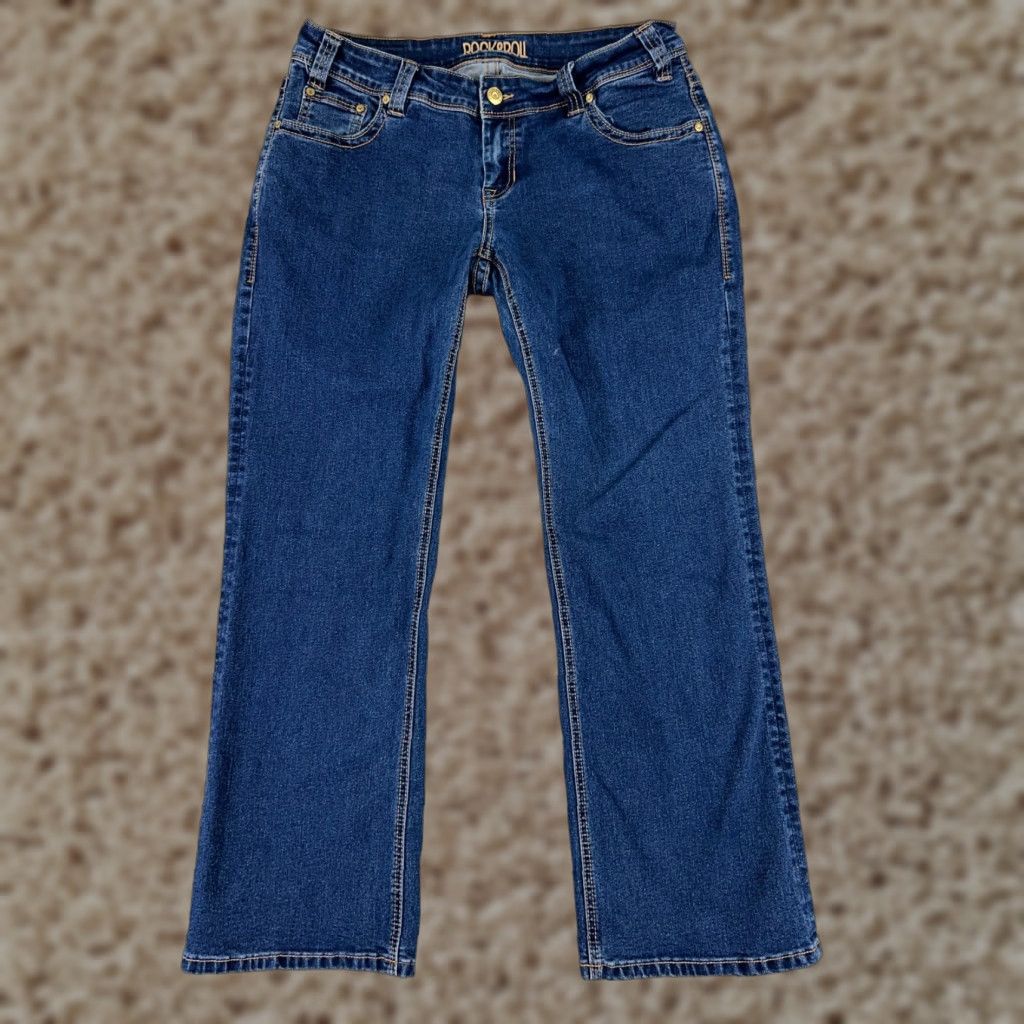 VINTAGE Rock & Roll Cowgirl Jeans Women's Bootcut Stretch Denim Low Rise 28in Inseam Blue Size 32