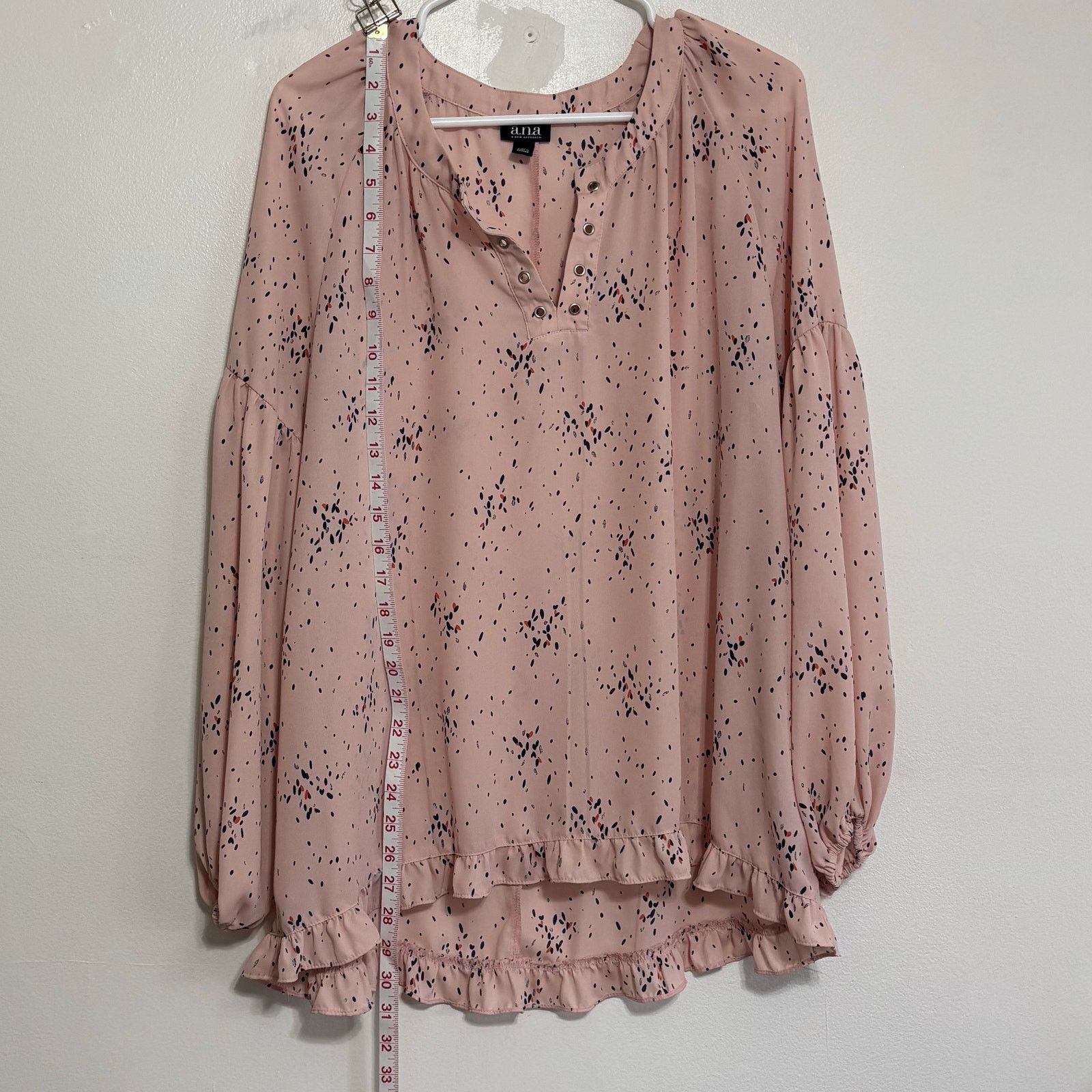 Other a.n.a Pink Splatter Dot V-Neck Long Sleeve Ruffle Hem Blouse Size M / US 6-8 / IT 42-44 - 3 Thumbnail