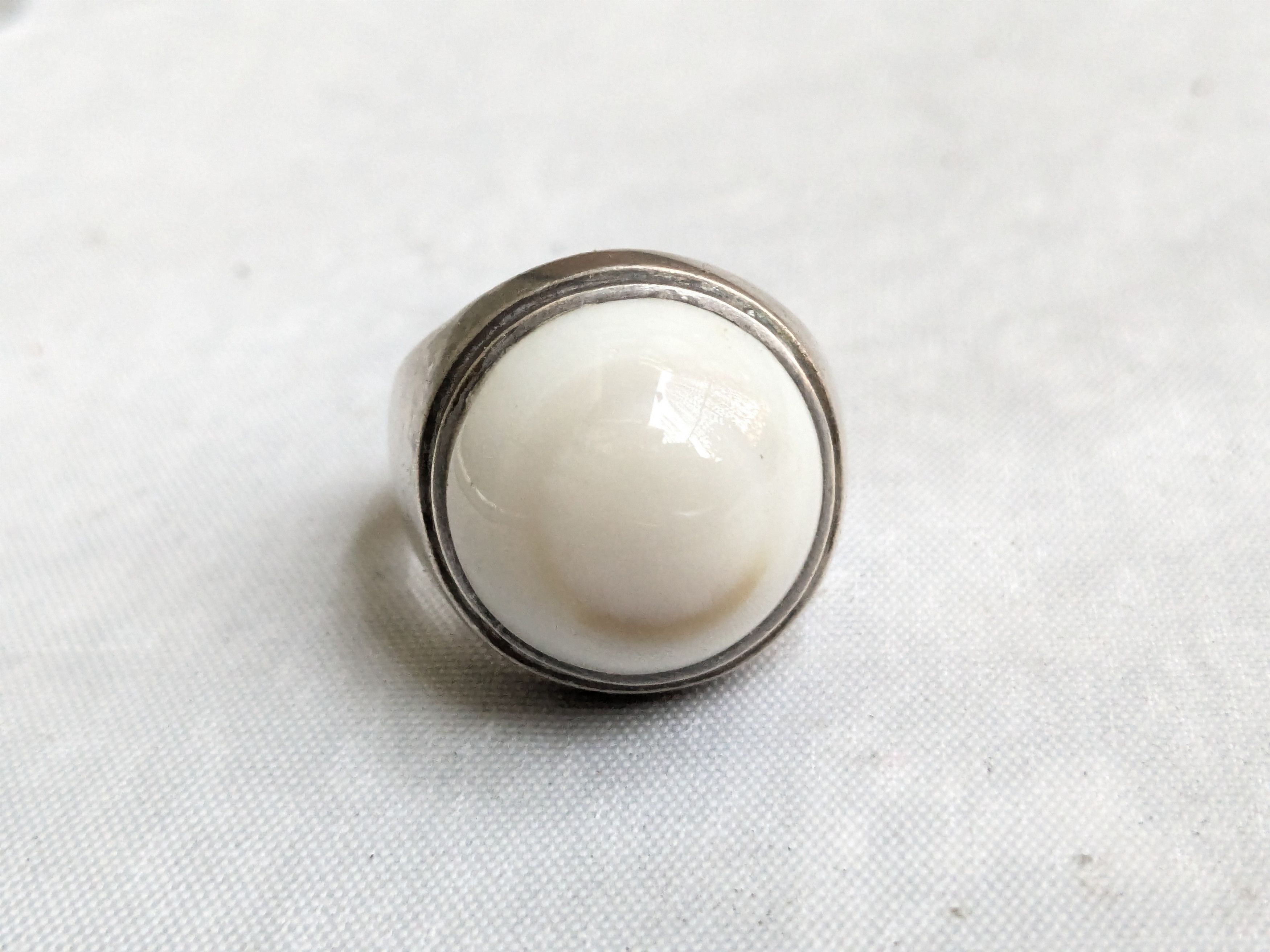 Jewelry Vintage .900 Silver Ring White Agate Round Cabochon 15.5 Size ONE SIZE - 4 Thumbnail