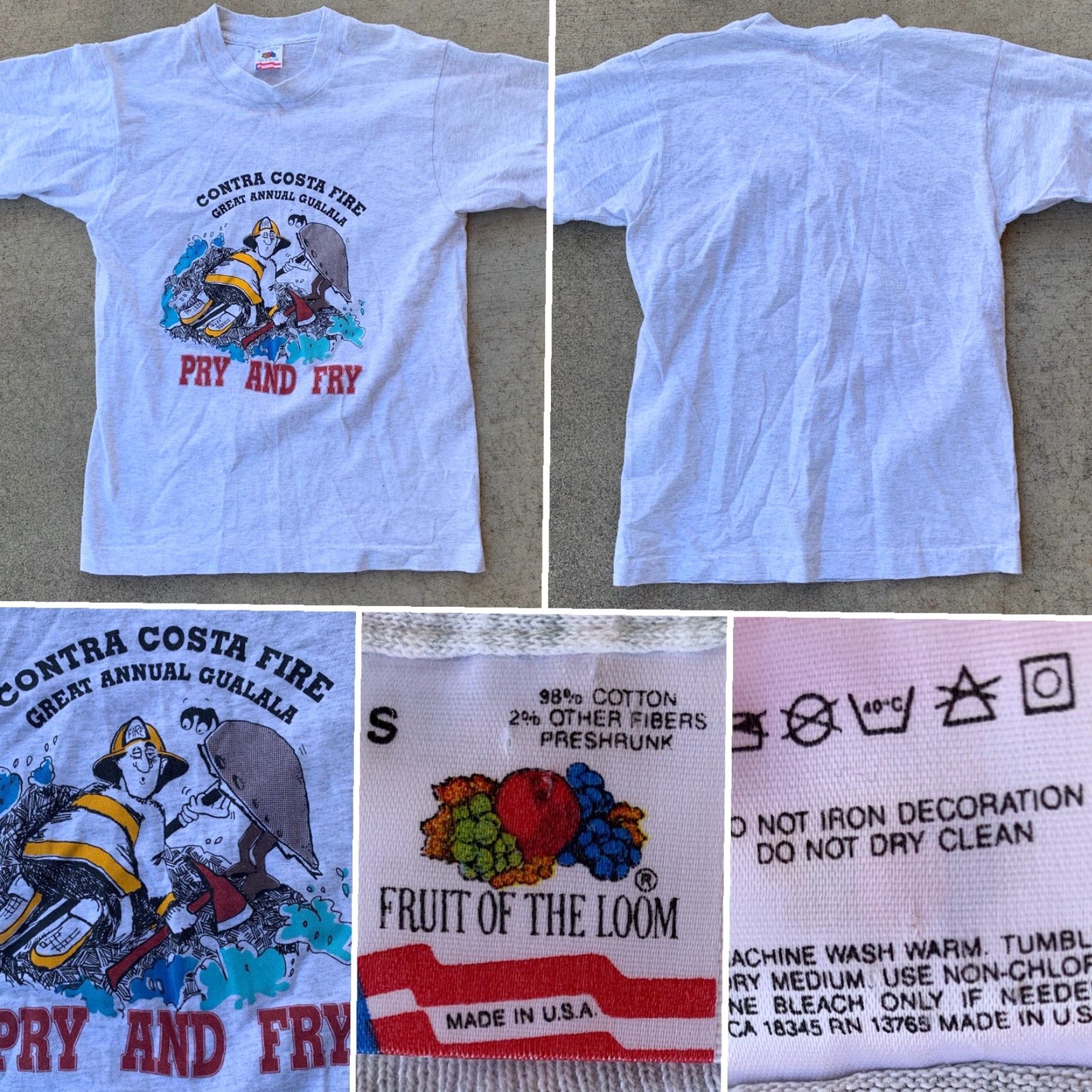 Fruit Of The Loom VINTAGE Fruit of the Loom T Shirt Contra Costa Fire Great Annual Gualala Pry And Fry 1990s S Gray Mens Size US S / EU 44-46 / 1 - 2 Thumbnail