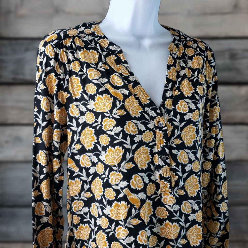 Old Navy VINTAGE Old Navy Womens Popover Top Black Mustard Floral Birds Long Sleeve Sz S Adult Womens Size S / US 4 / IT 40 - 1 Thumbnail