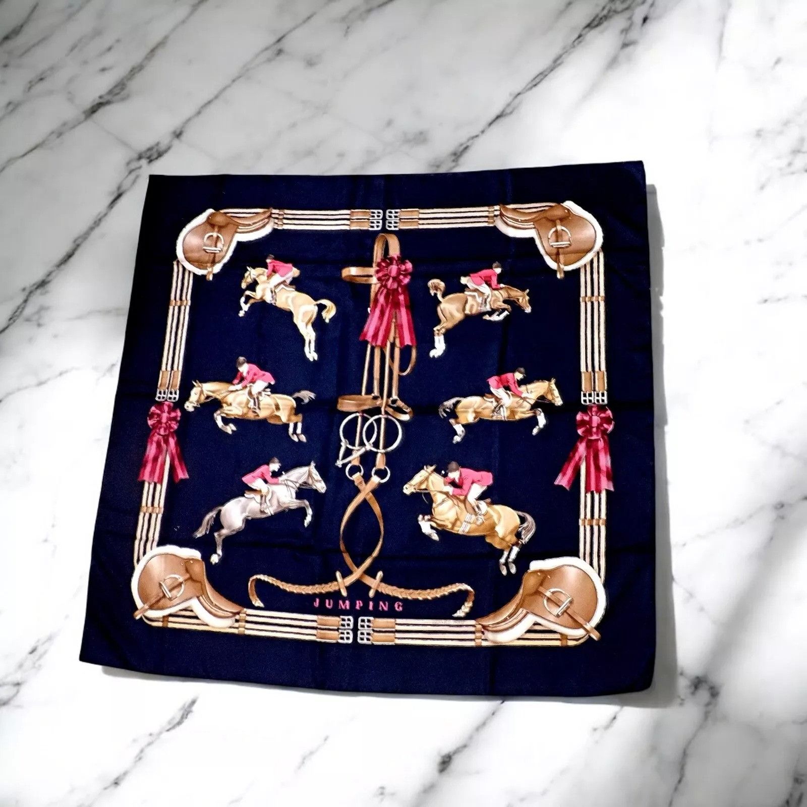 Hermes Hermes Navy Blue Jumping Equestrian Vintage 90cm Silk Scarf Size ONE SIZE - 2 Thumbnail