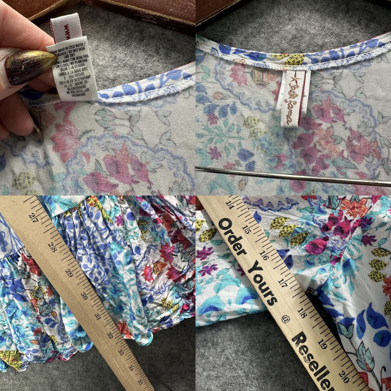 Vintage Luli Fama Dress Womens M Blue Floral Boho Ruffle Hem Long Sleeve Mini Beach Size M / US 6-8 / IT 42-44 - 9 Thumbnail