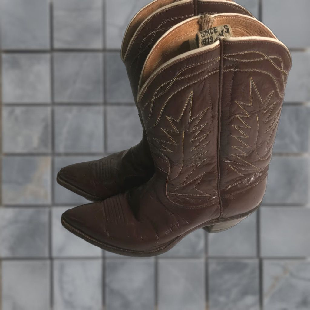 Justin Boots VINTAGE Justin Boots Womens 6 Brown Leather Western Cowboy Pull Tabs 1950s Womens Size US 6 / IT 36 - 1 Thumbnail