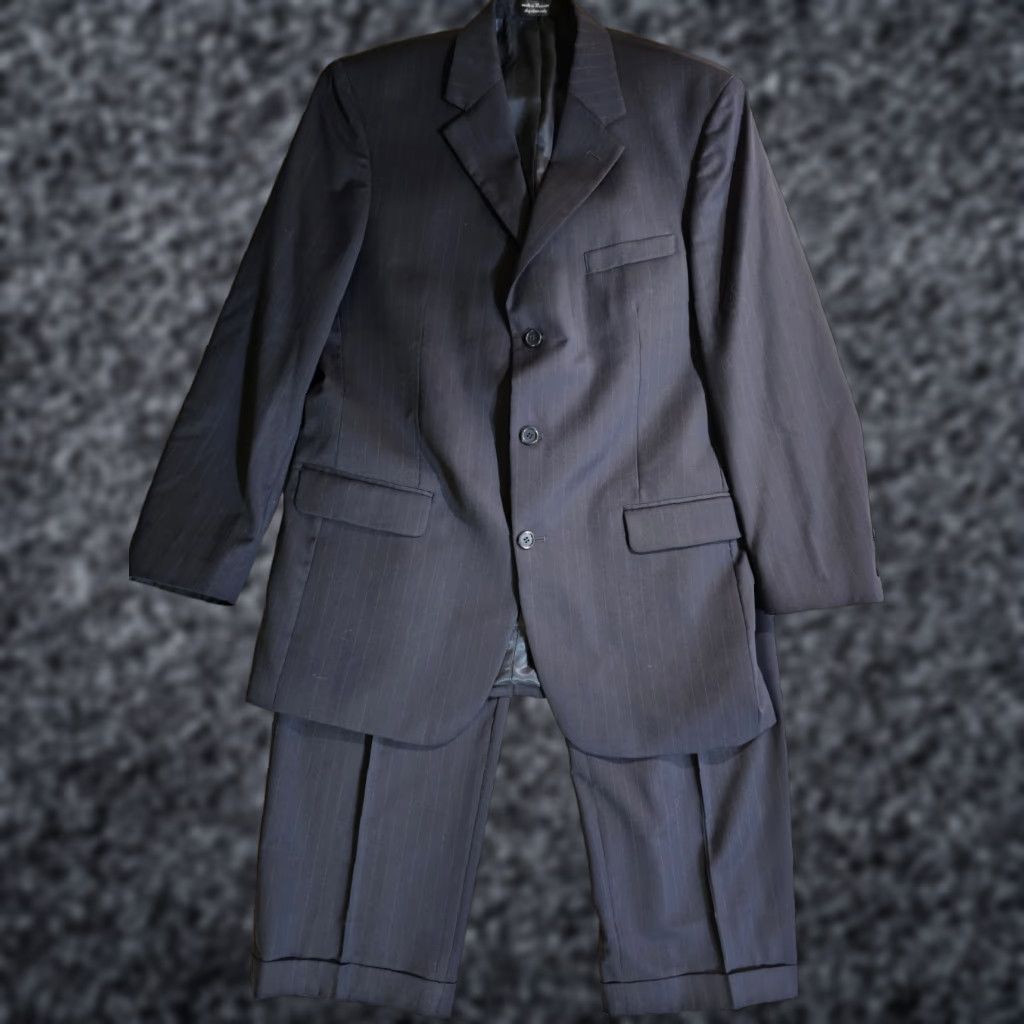 VINTAGE? No—Andrew Fezza Classic Pin Striped 2 Pc Suit 100% Wool Super 100s Size 42L Blue 2 Piece Suit Mens Regular 36Wx30L