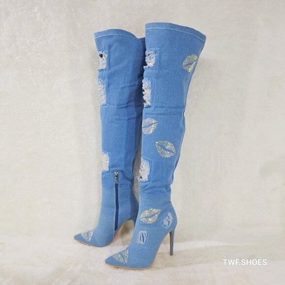 Other Kiss My - Blue Distressed Denim Thigh High Boots With Rhines Size US 11 / IT 41 - 4 Thumbnail