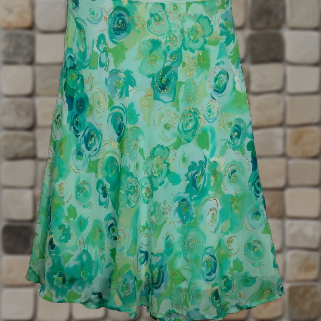 Vintage VINTAGE Dressbarn Skirt Midi Regular 8 Blue Green Gold Floral Semi-sheer Polyester Lined Zips Left Fairycore Easter Y2K Women Size 30" / US 8 / IT 44 - 1 Thumbnail